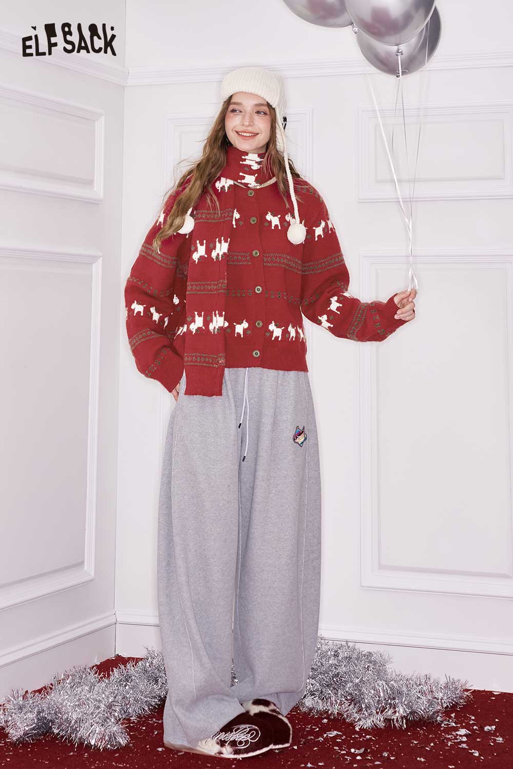 ELFSACK women's Christmas animal graphic cardigan in red with festive animal designs and cozy fit