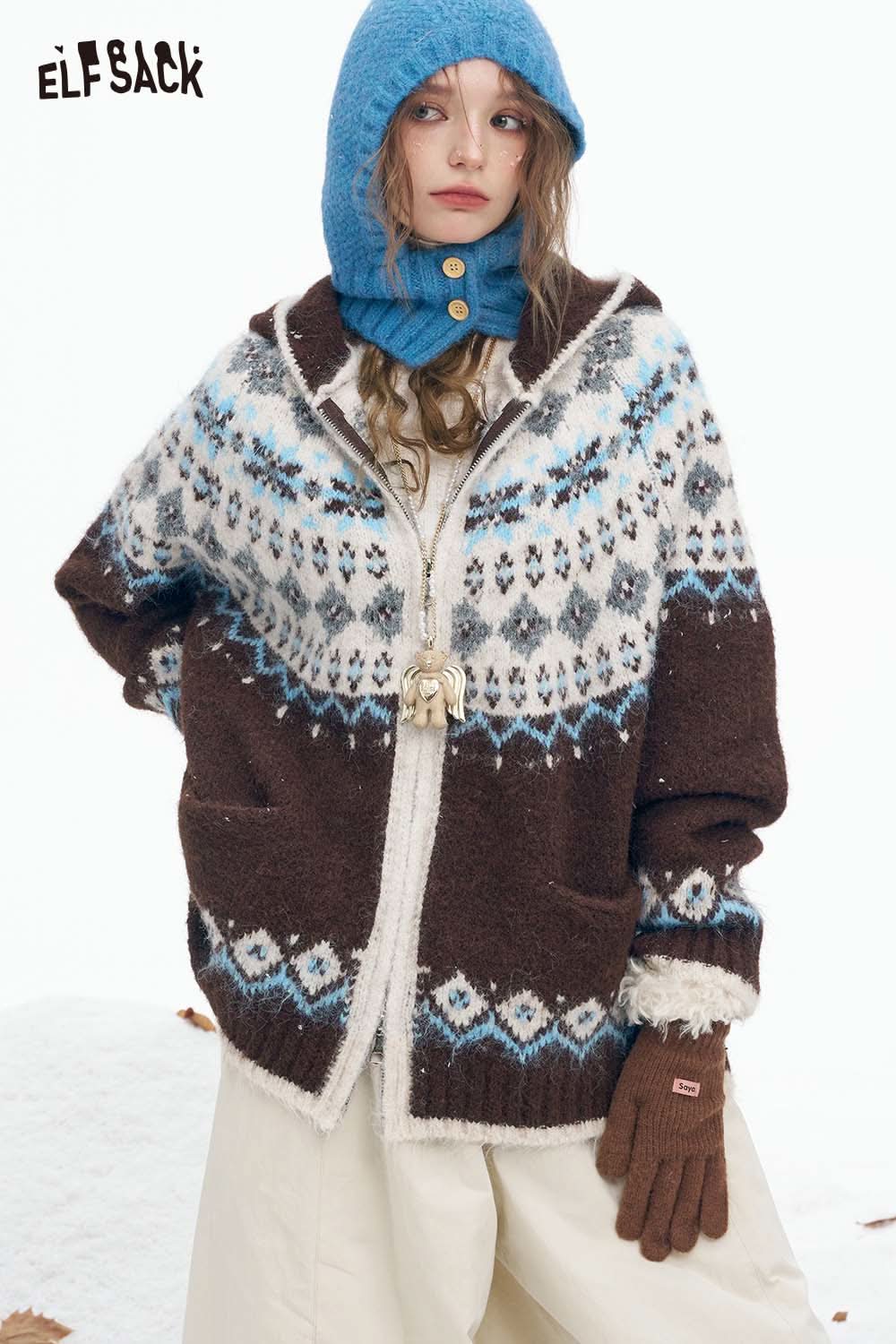 ELFSACK women's Christmas hooded sweater in brown with snowflake patterns, paired with gloves and blue hood