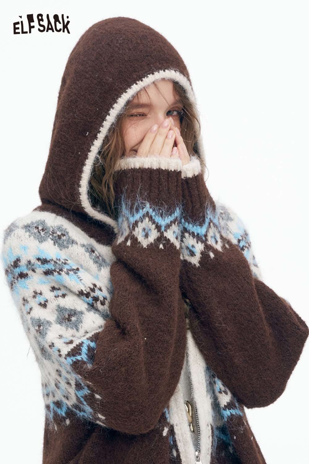ELFSACK women's Christmas hooded sweater in brown with winter patterns and cozy fit