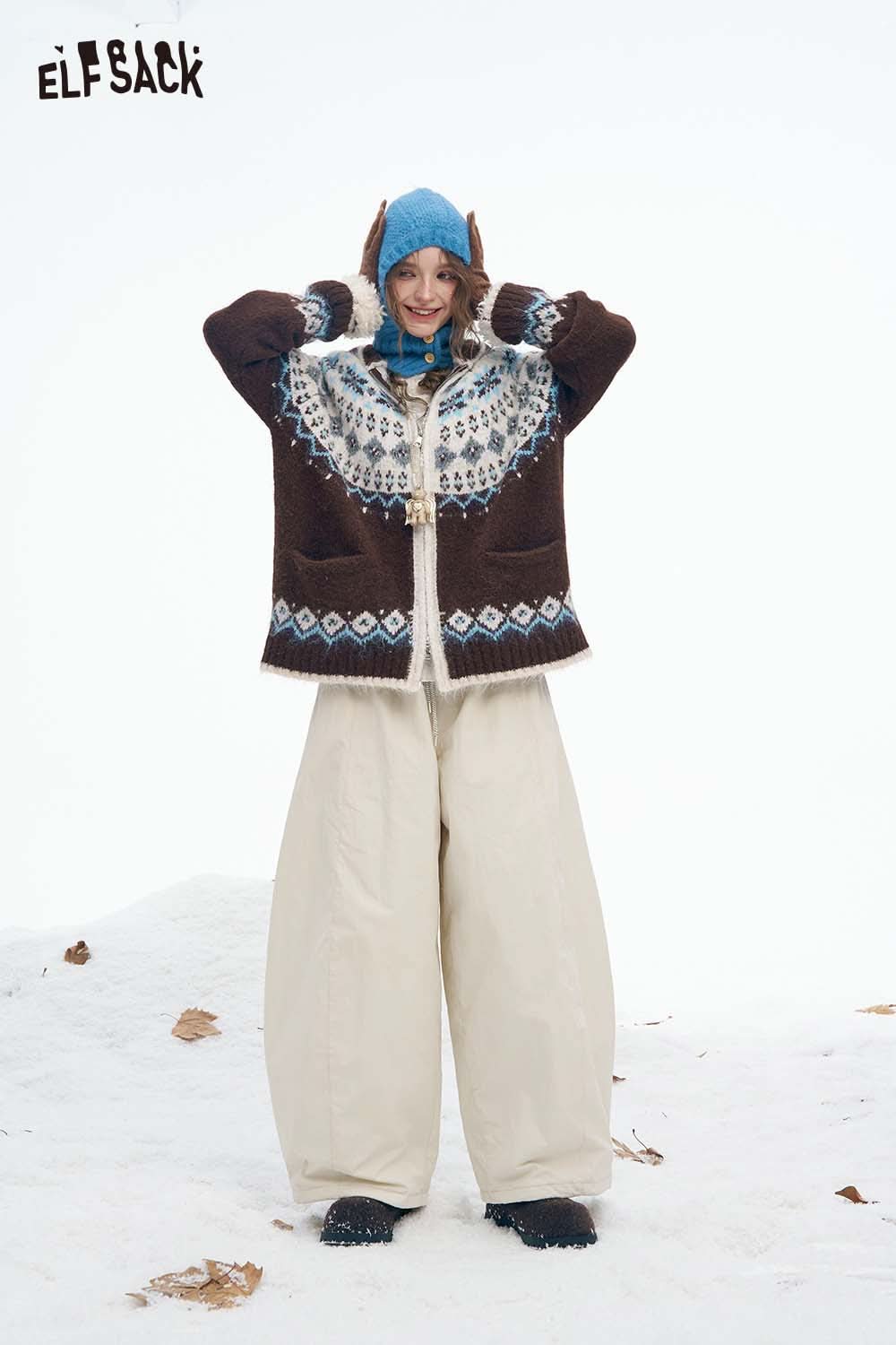 ELFSACK women's Christmas hooded sweater in brown with decorative patterns for cozy winter style