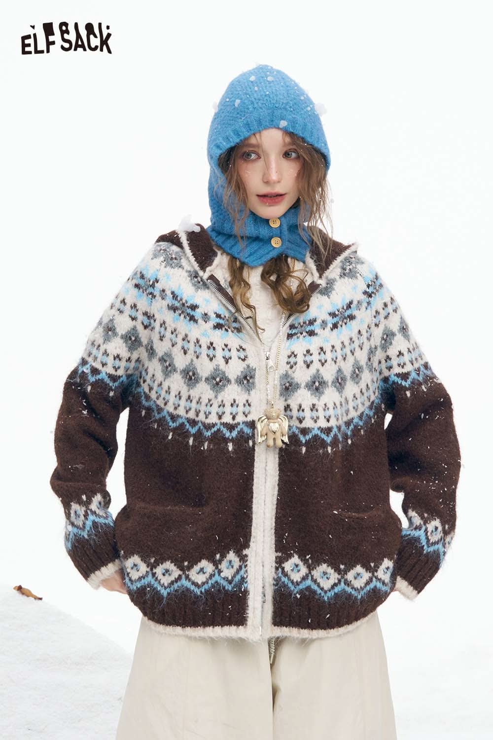 ELFSACK women's Christmas hooded sweater in brown and blue with knitted patterns and pockets
