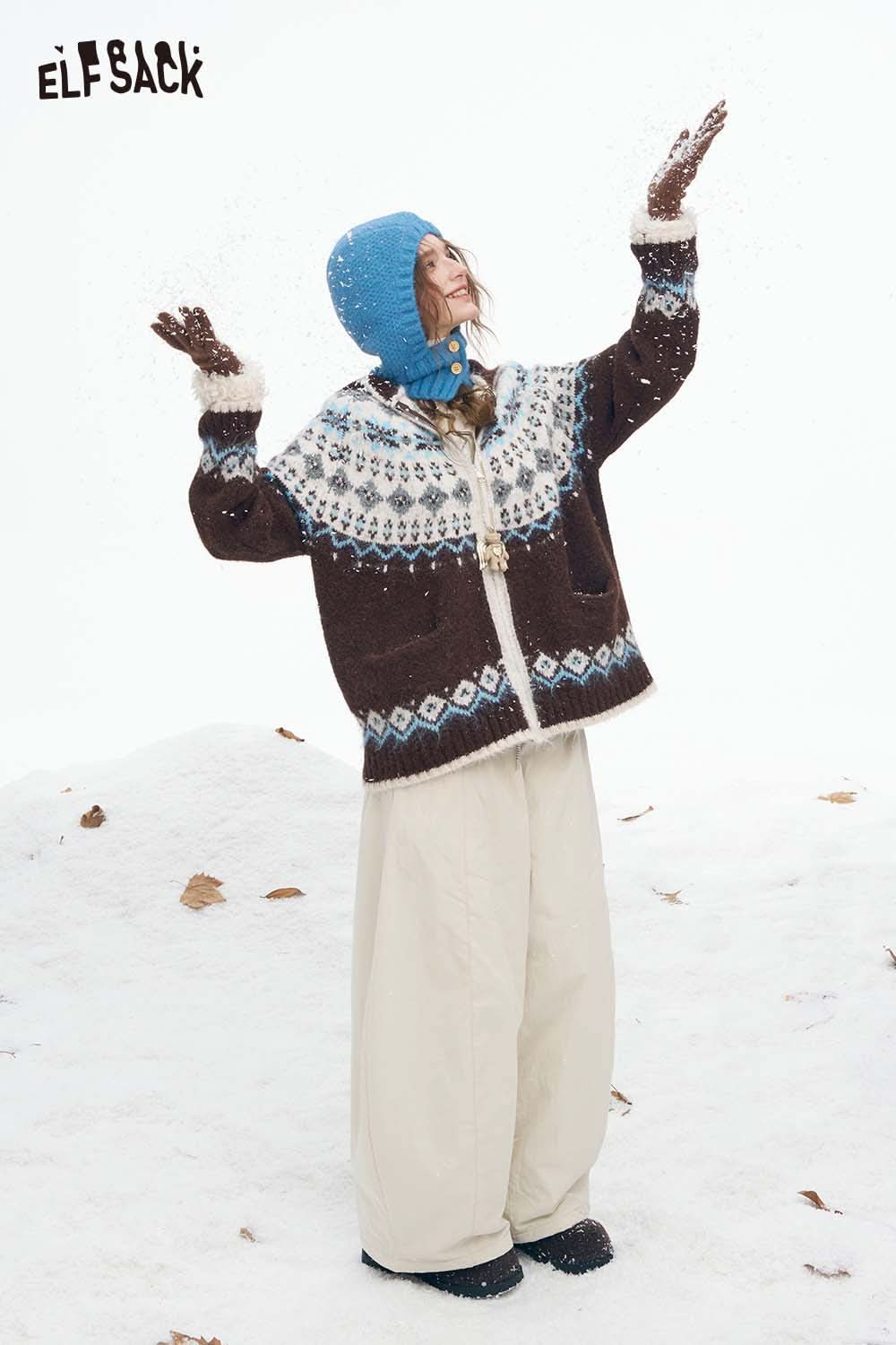 ELFSACK women's Christmas hooded sweater in brown with blue and white knit pattern for winter style