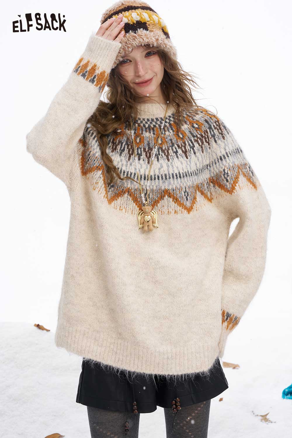 ELFSACK women's Christmas stripe sweater in cream with festive patterns and oversized fit for a cozy holiday look