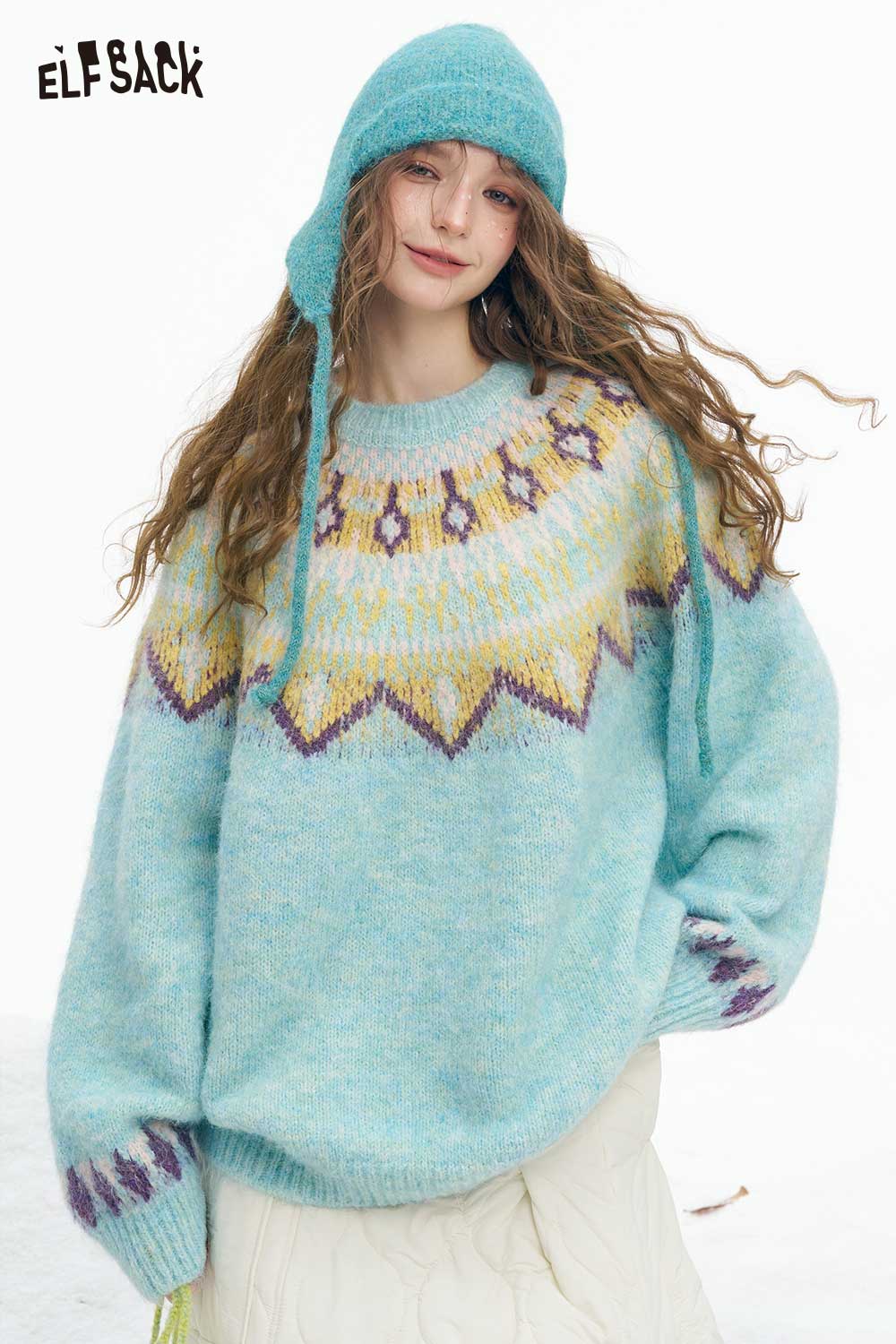 ELFSACK women's Christmas stripe sweater in blue with colorful geometric patterns for a cozy holiday look