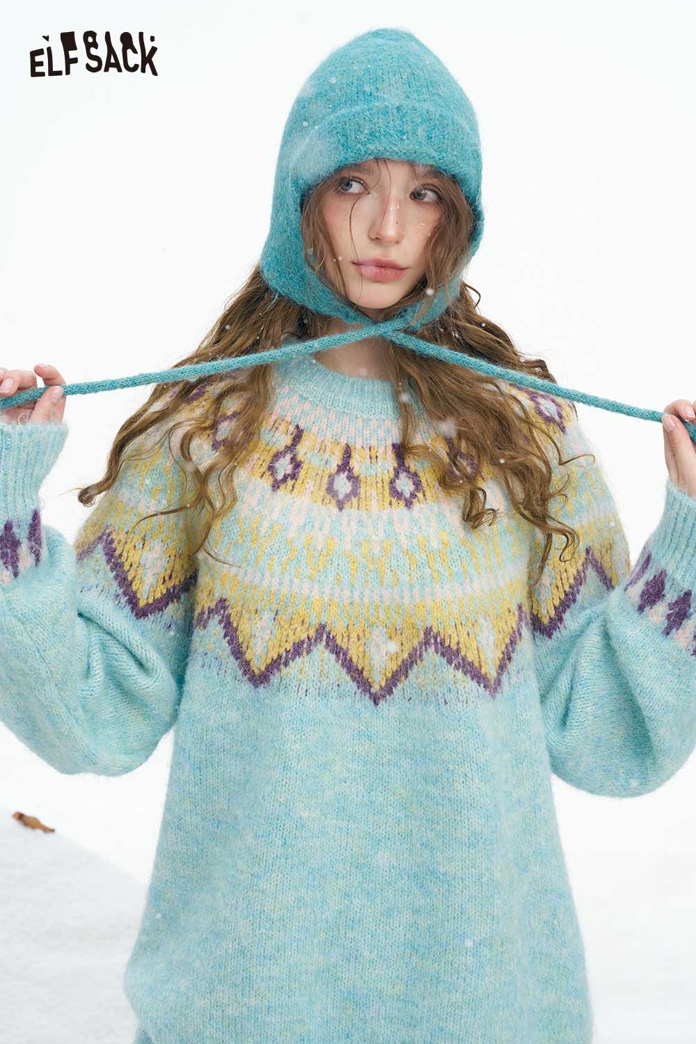 ELFSACK women's Christmas stripe sweater in light blue with festive designs and cozy hood for winter style