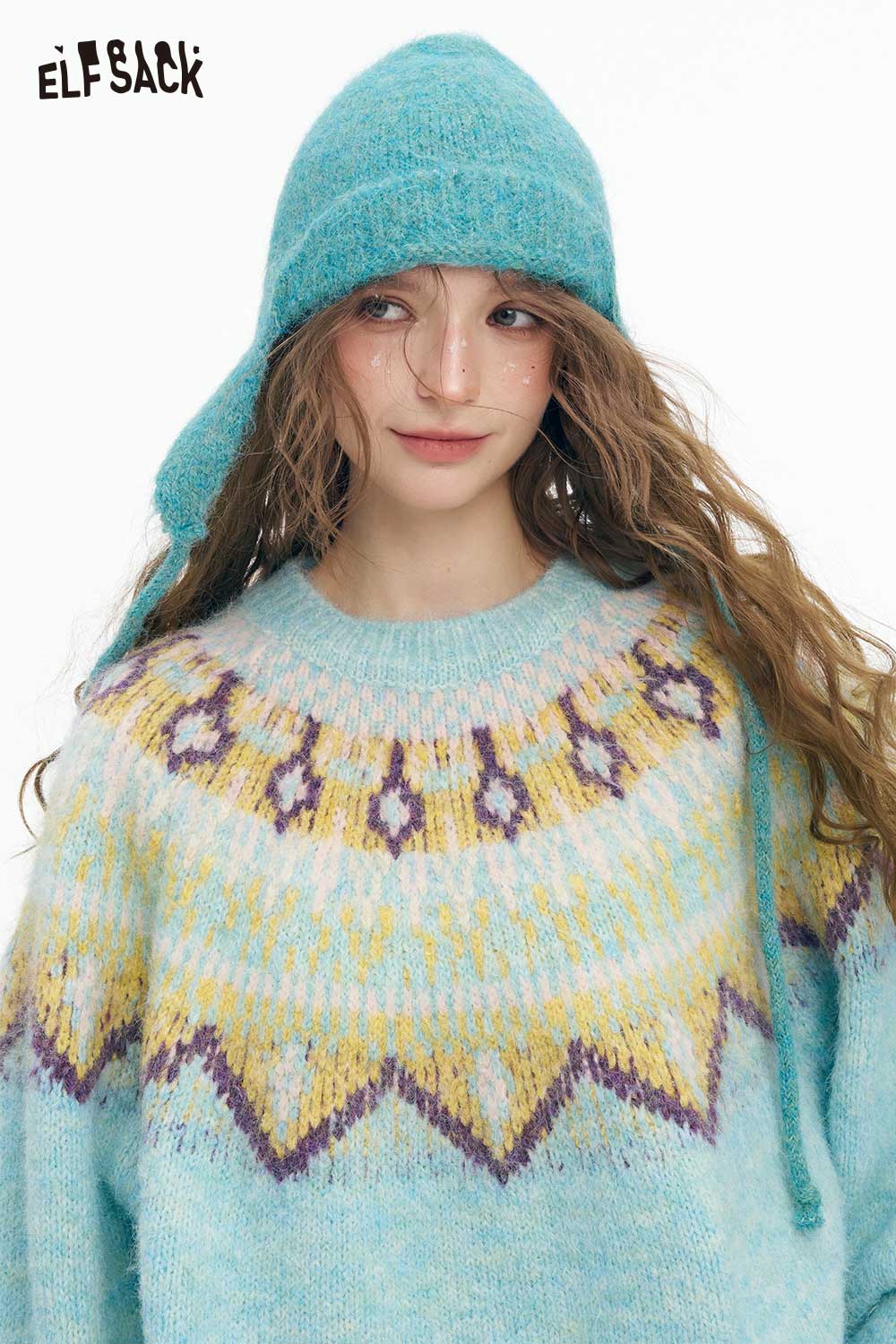 ELFSACK women's Christmas stripe sweater in blue with a colorful patterned design and a cozy fit