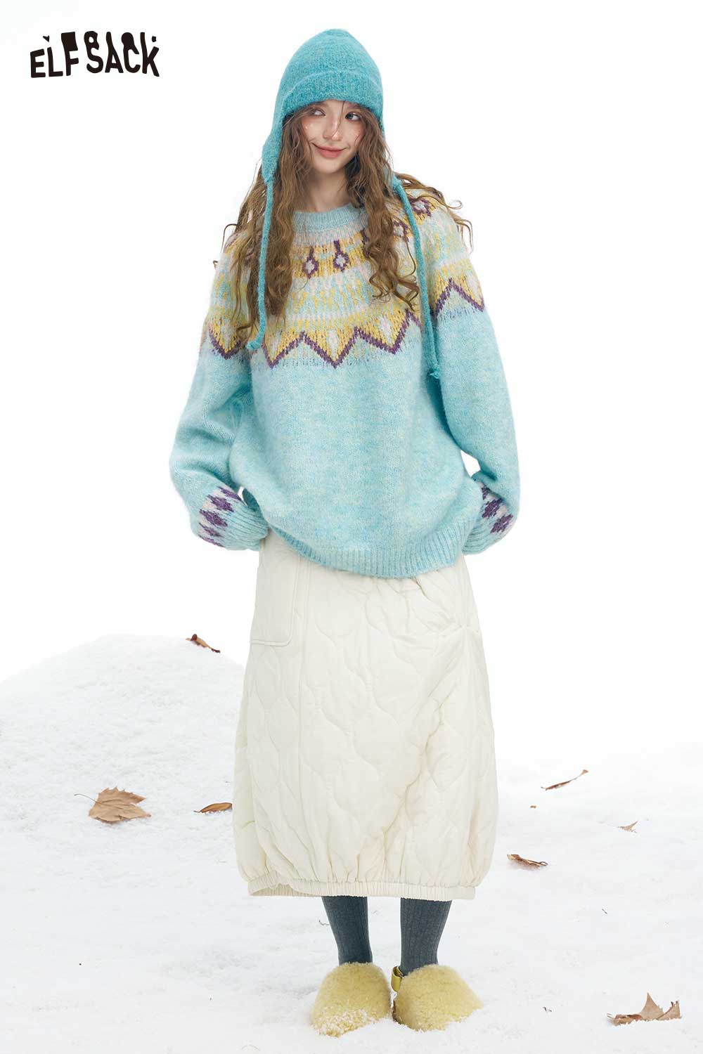 ELFSACK women's Christmas stripe sweater in light blue with festive patterns, perfect for winter styling