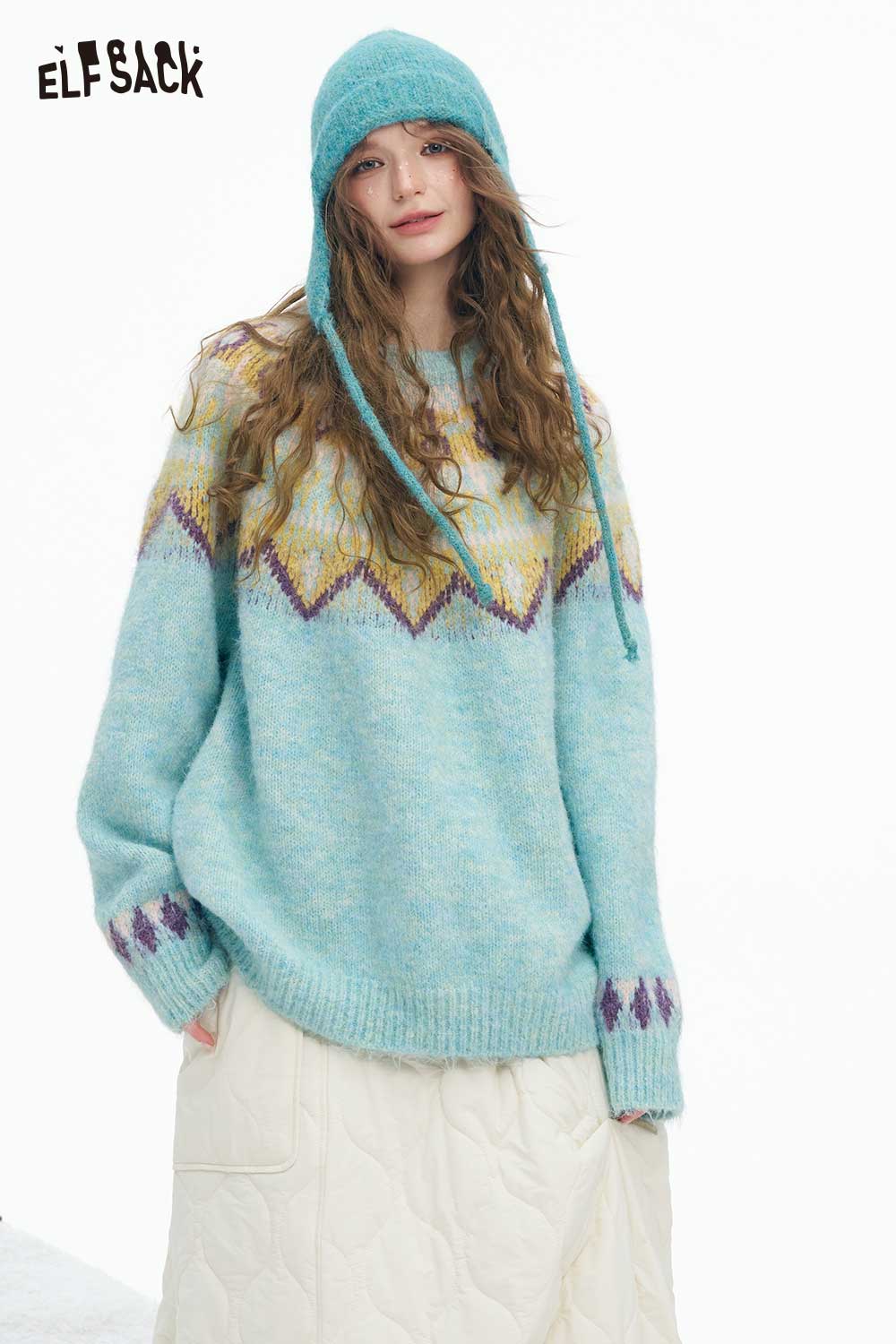 ELFSACK women's Christmas stripe sweater in blue with patterned details and hood for cozy winter style