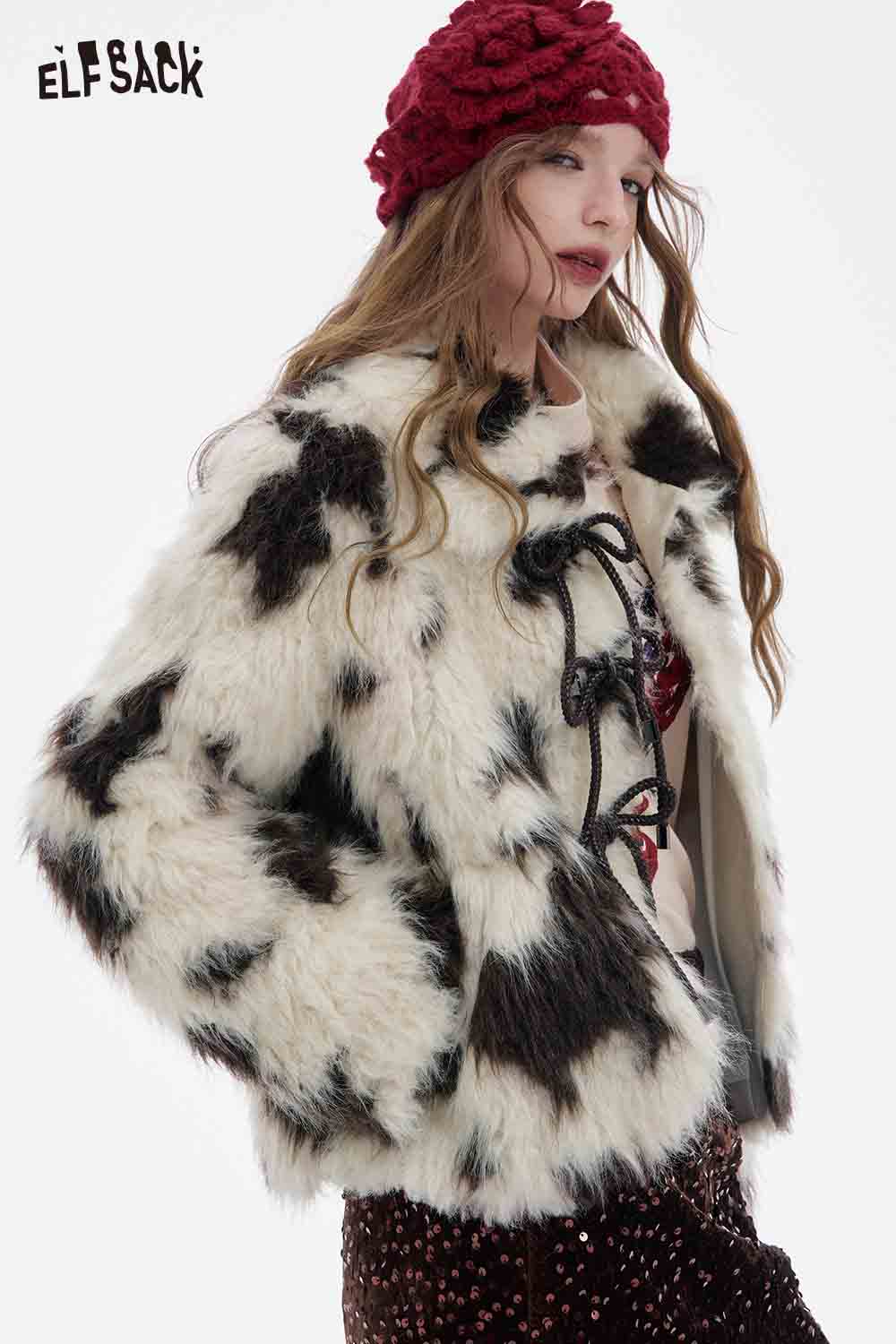 ELFSACK women's color block faux fur coat with a trendy design and stylish fit for winter fashion