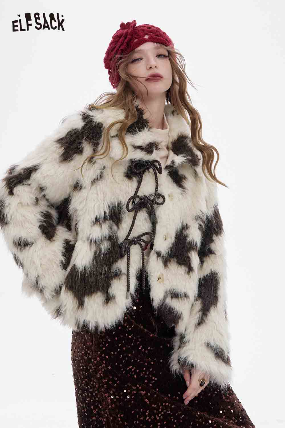 ELFSACK women's color block faux fur coat with a stylish design, perfect for winter fashion