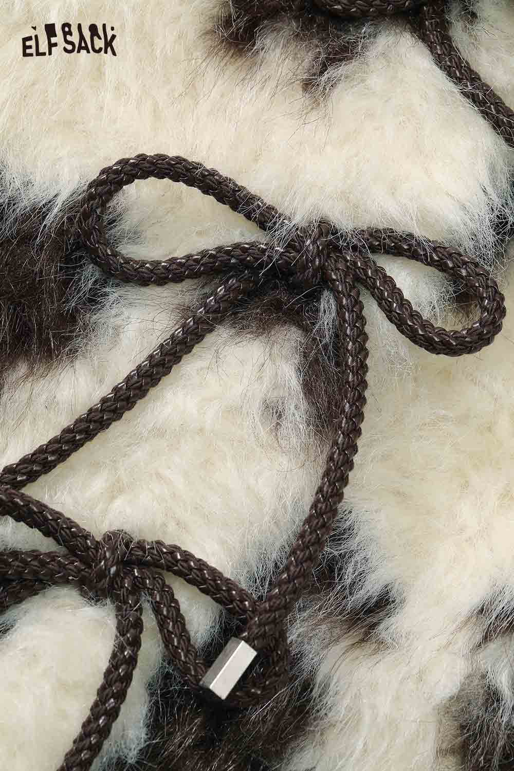Close-up of ELFSACK women's color block faux fur coat showing braided detailing and soft texture