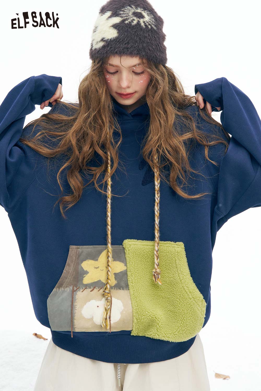 ELFSACK women's color block hooded sweatshirt in navy with unique patchwork pockets for a stylish look