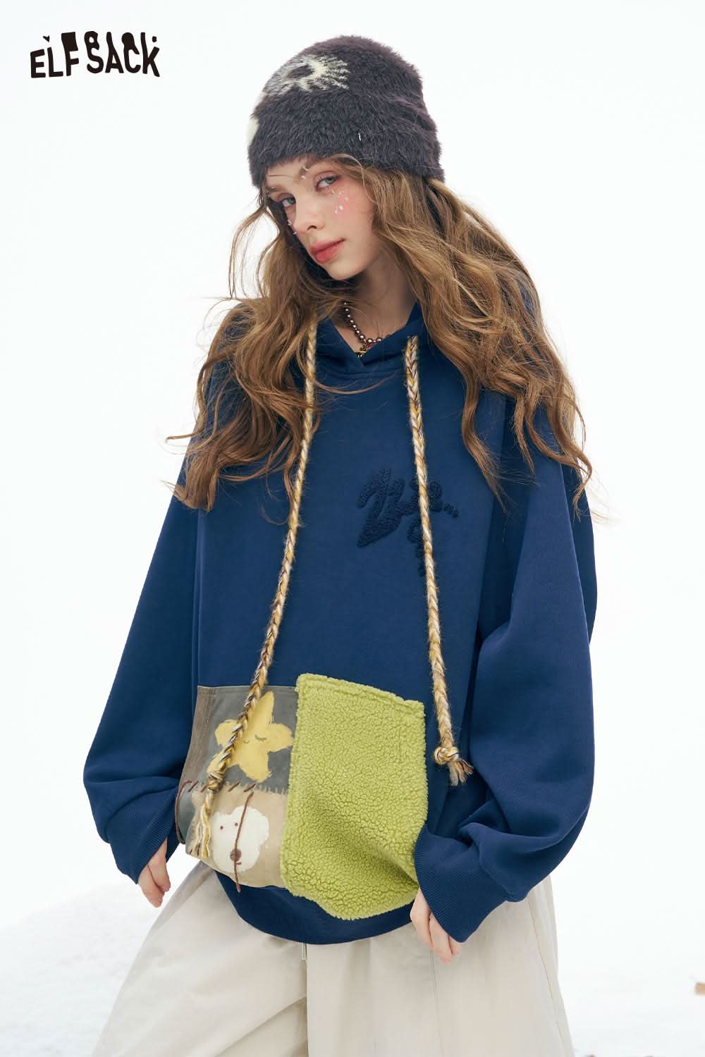 ELFSACK women's color block hooded sweatshirt in navy with unique patchwork design and drawstring detailing