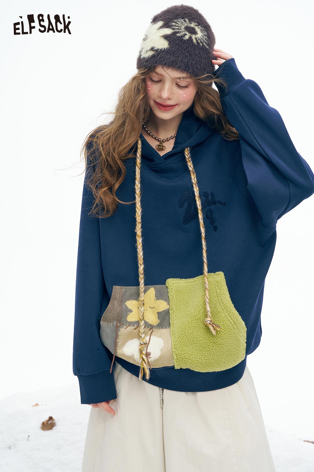 ELFSACK women's color block hooded sweatshirt with floral patch pocket and unique rope detail