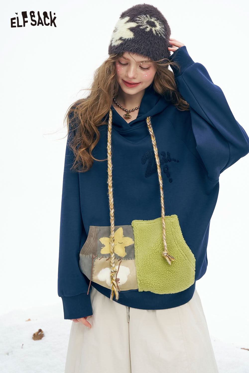 ELFSACK women's color block hooded sweatshirt with floral patch pocket and unique rope detail