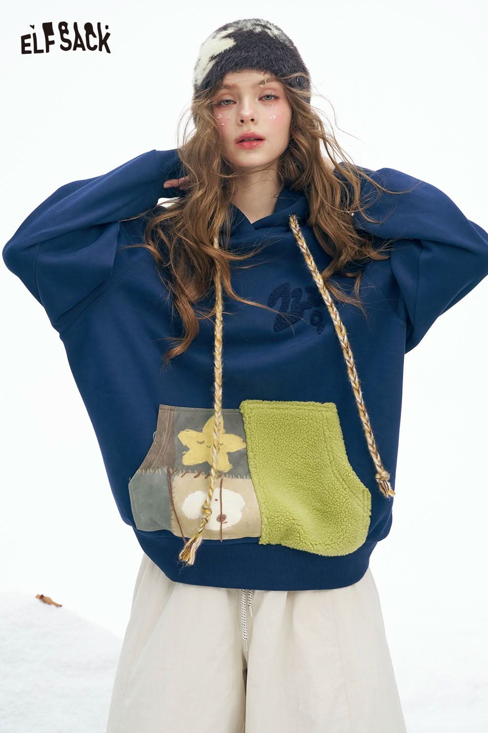 ELFSACK women's color block hooded sweatshirt with unique pocket design and cozy fit