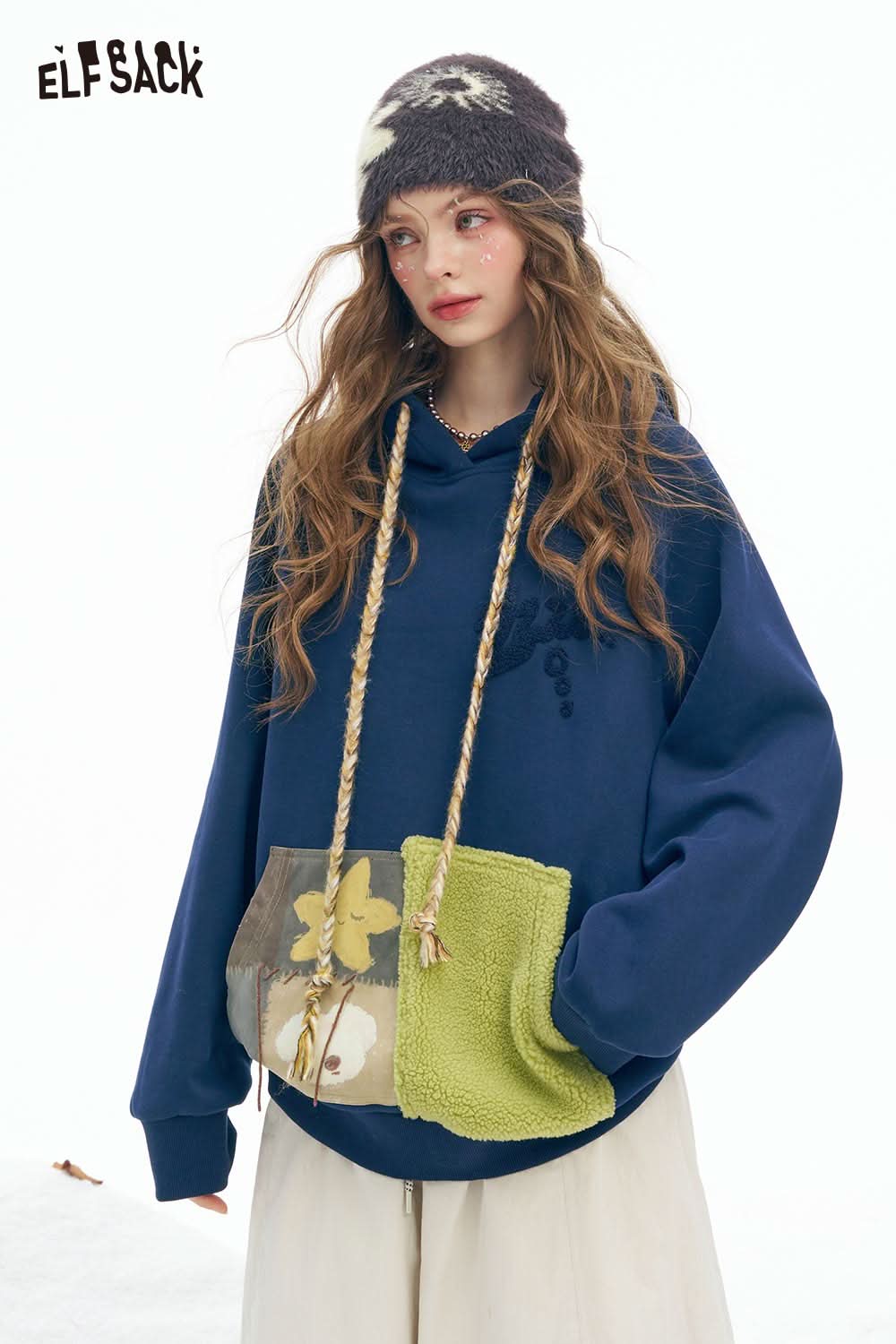 ELFSACK women's color block hooded sweatshirt featuring unique floral patchwork design and oversized fit