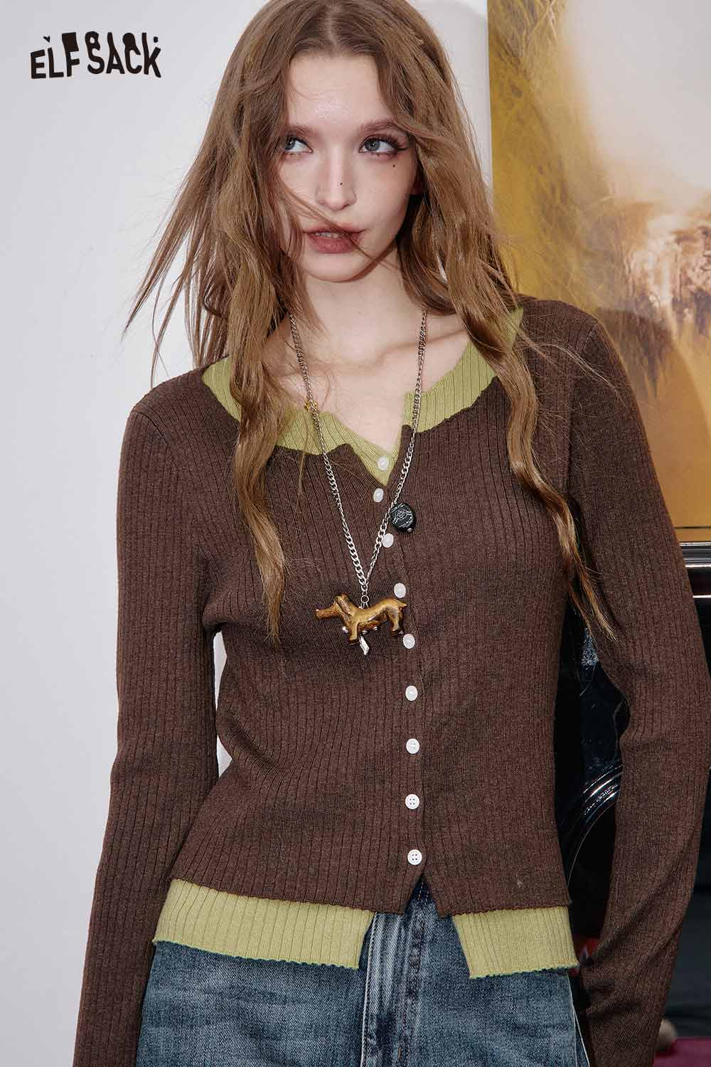 ELFSACK women's color block knit top in brown and green with a button-front design