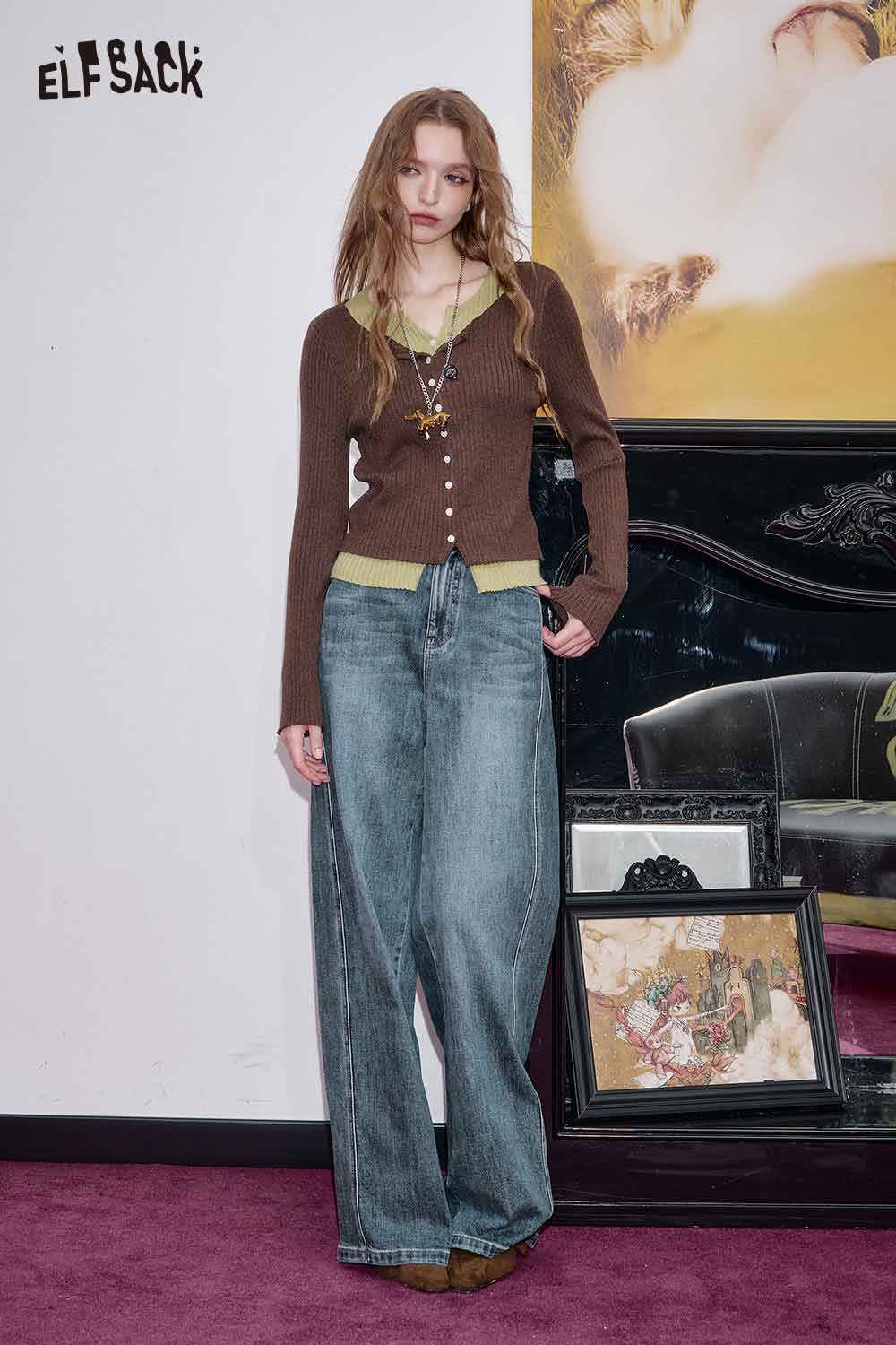 ELFSACK women's color block knit top paired with wide-leg jeans for a trendy casual look