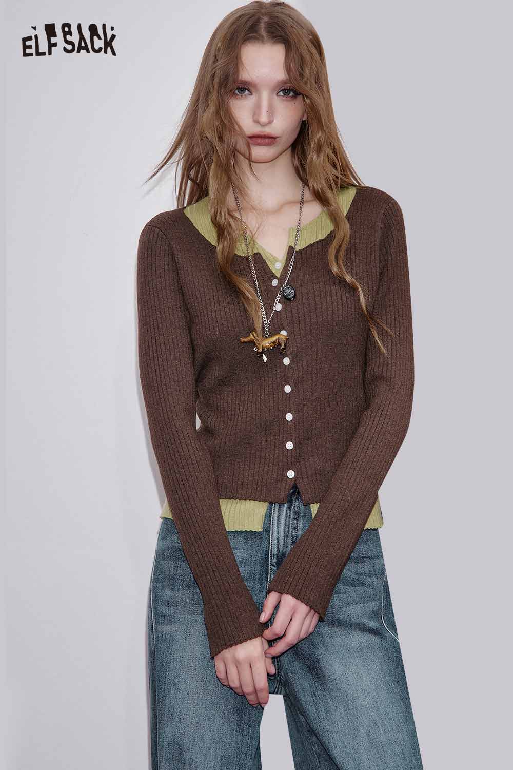 ELFSACK women's color block knit top in brown and green with button detailing and a cozy fit
