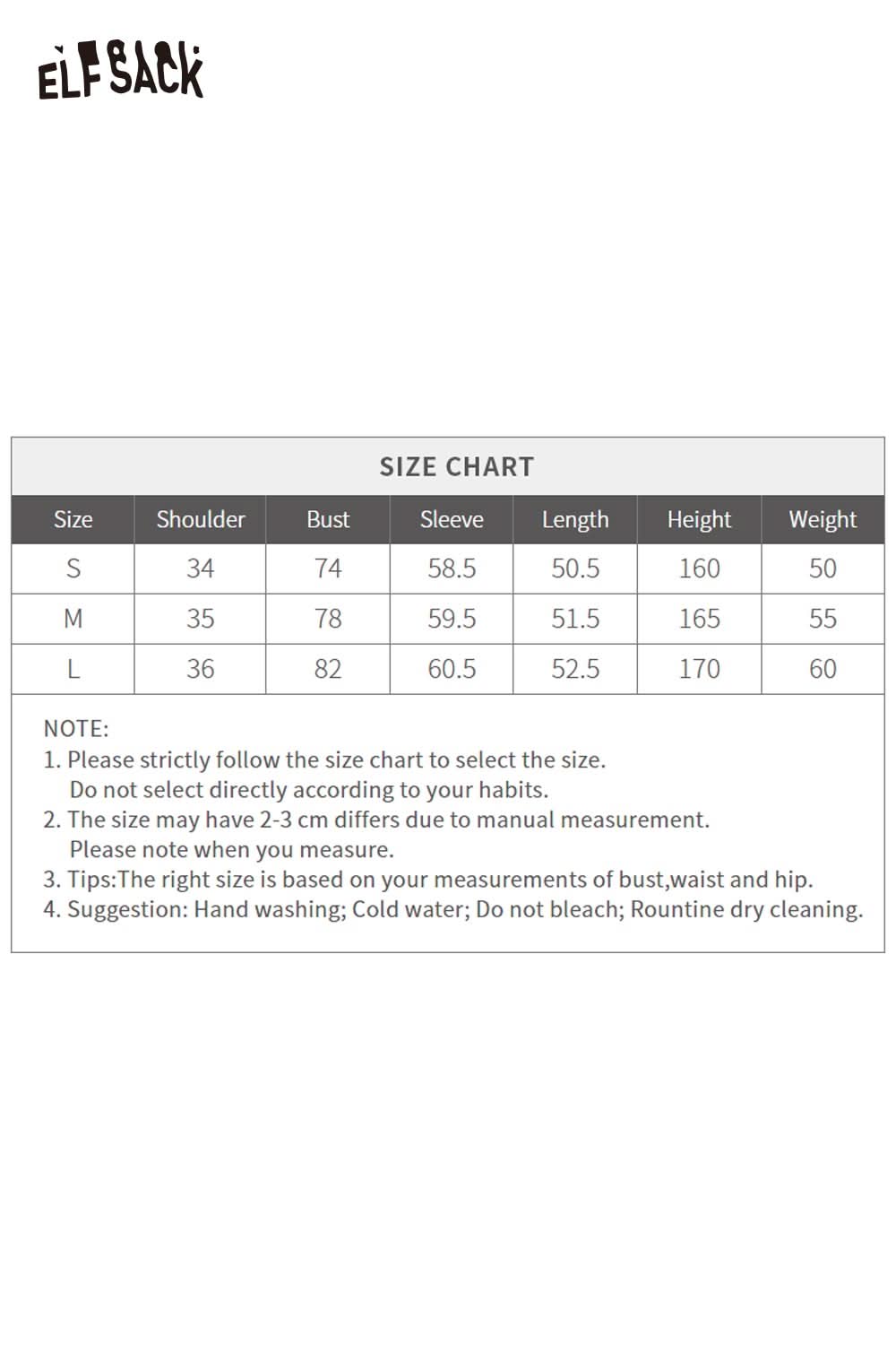 Size chart for ELFSACK women's color block knit top with measurements for effective sizing