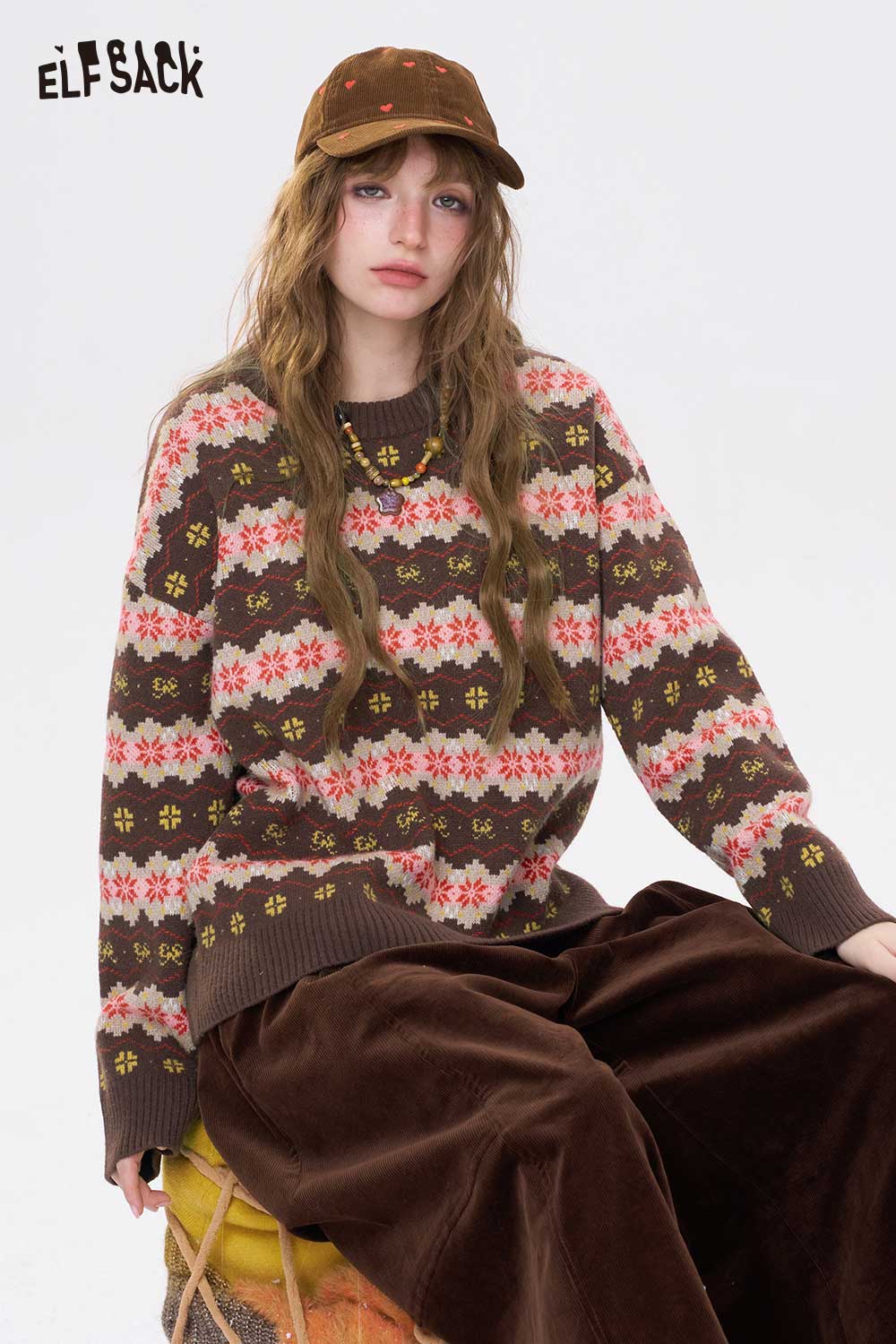 ELFSACK women's color block stripe sweater in brown with floral patterns and cozy fit