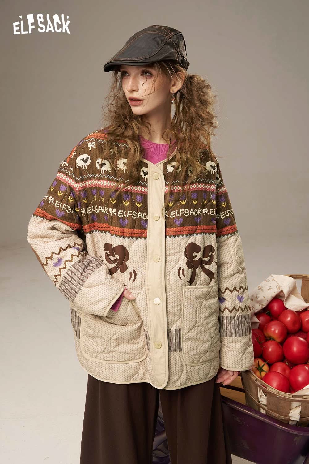 ELFSACK women's colorful patchwork cotton coat with unique patterns and comfortable fit