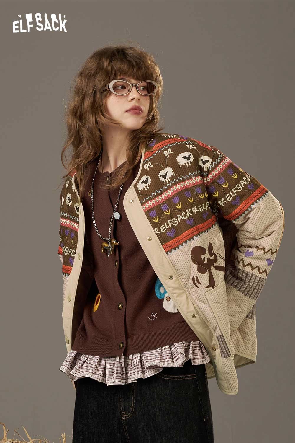 ELFSACK women's colorful patchwork cotton coat featuring unique designs and cozy style for casual wear