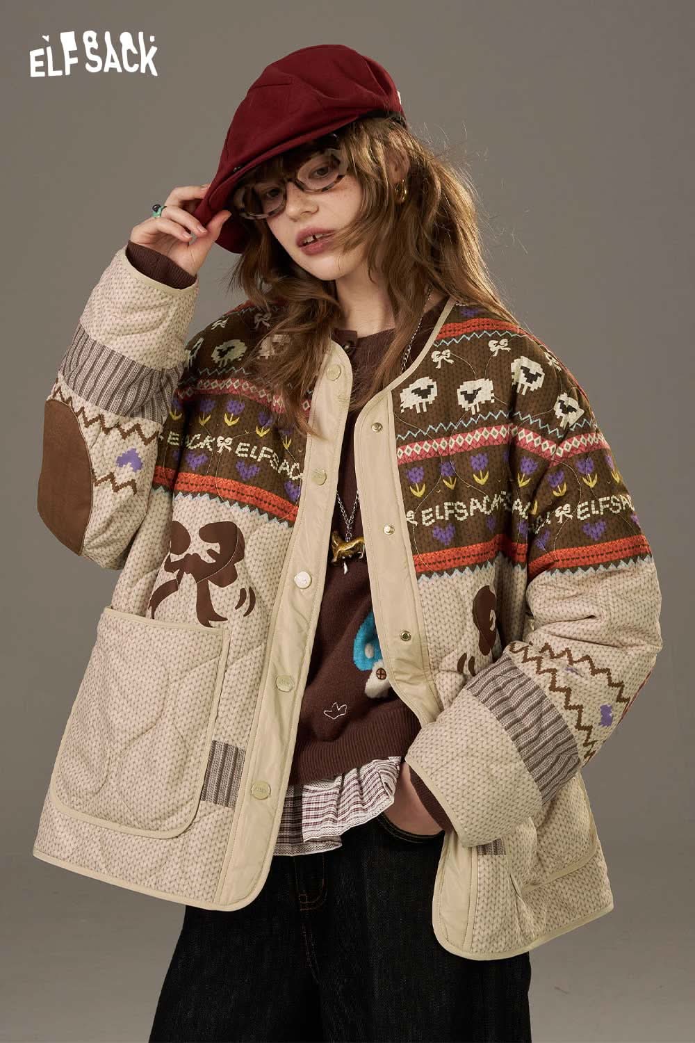 ELFSACK women's colorful patchwork cotton coat featuring unique designs and cozy fit