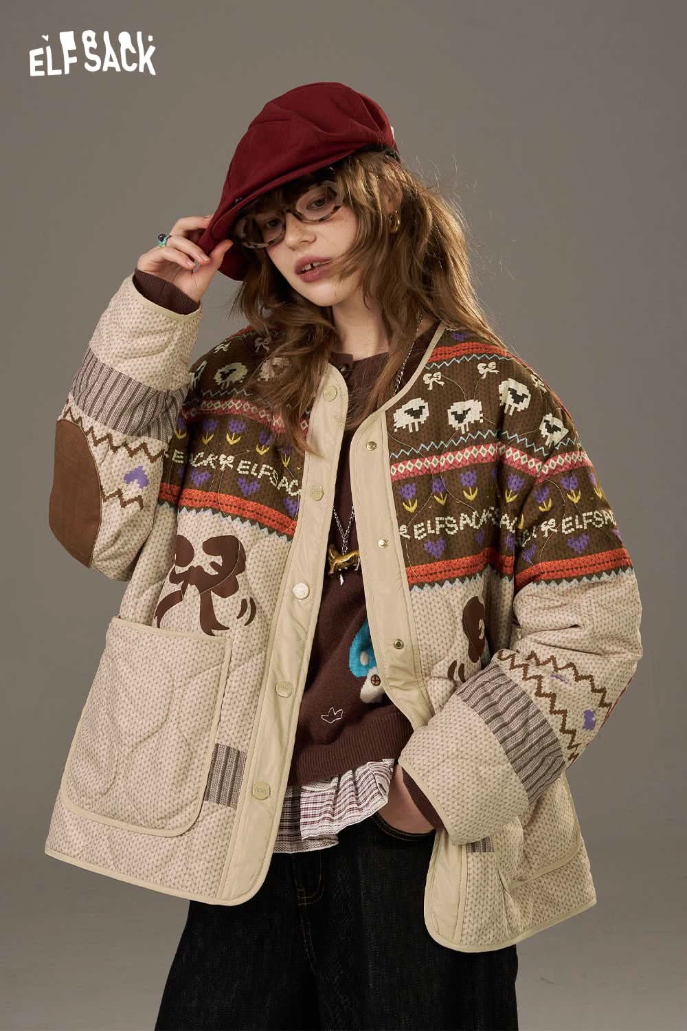 ELFSACK women's colorful patchwork cotton coat with unique designs and cozy fit for stylish warmth