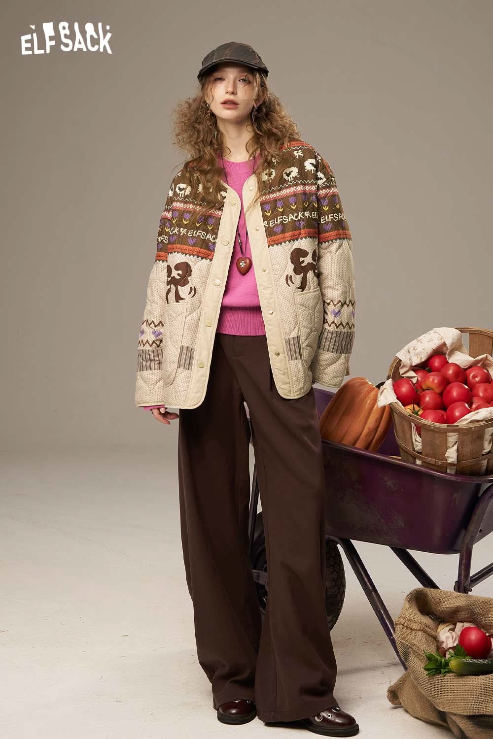 ELFSACK women's colorful patchwork cotton coat featuring intricate designs and cozy fit