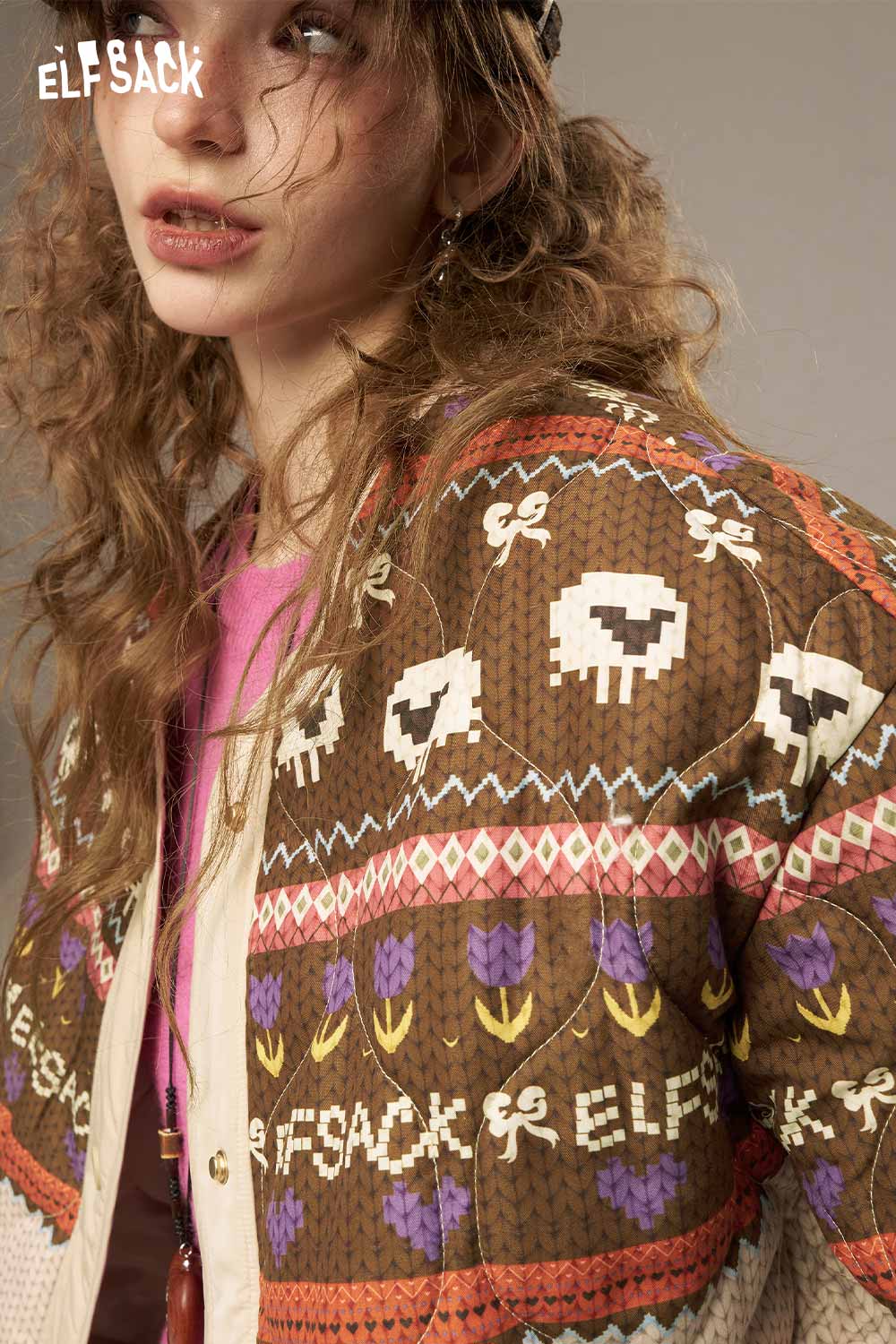 ELFSACK women's colorful patchwork cotton coat featuring unique patterns and a stylish design