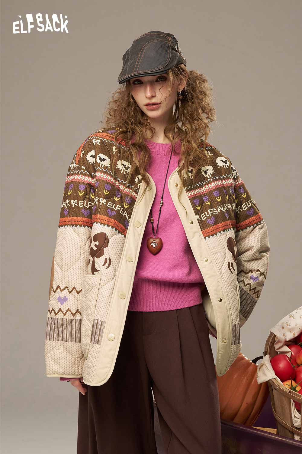 ELFSACK women's colorful patchwork cotton coat featuring unique designs and a cozy fit