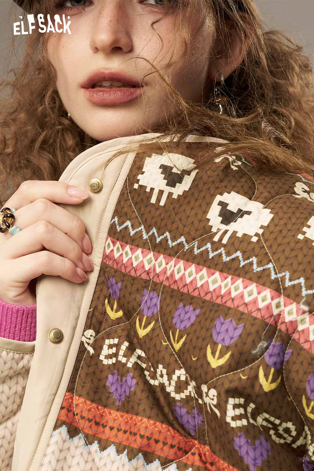 ELFSACK women's colorful patchwork cotton coat featuring a unique design with floral and skull patterns