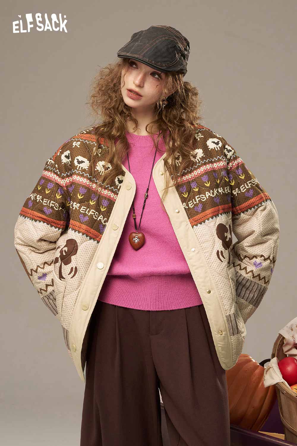 ELFSACK women's colorful patchwork cotton coat with unique patterns and casual style for a trendy look