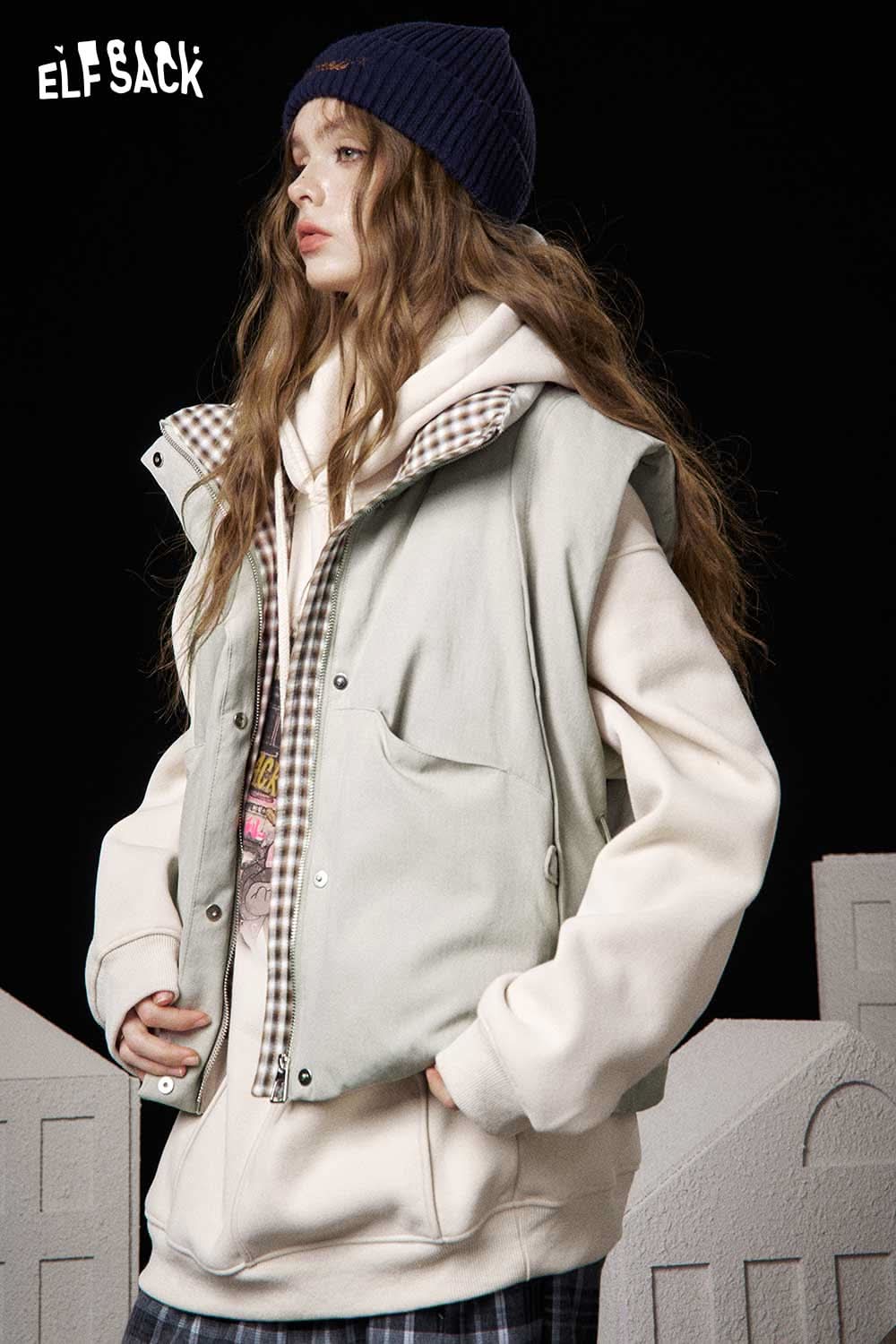 ELFSACK women's cotton blend down vest in light color, styled with a hoodie for a cozy look