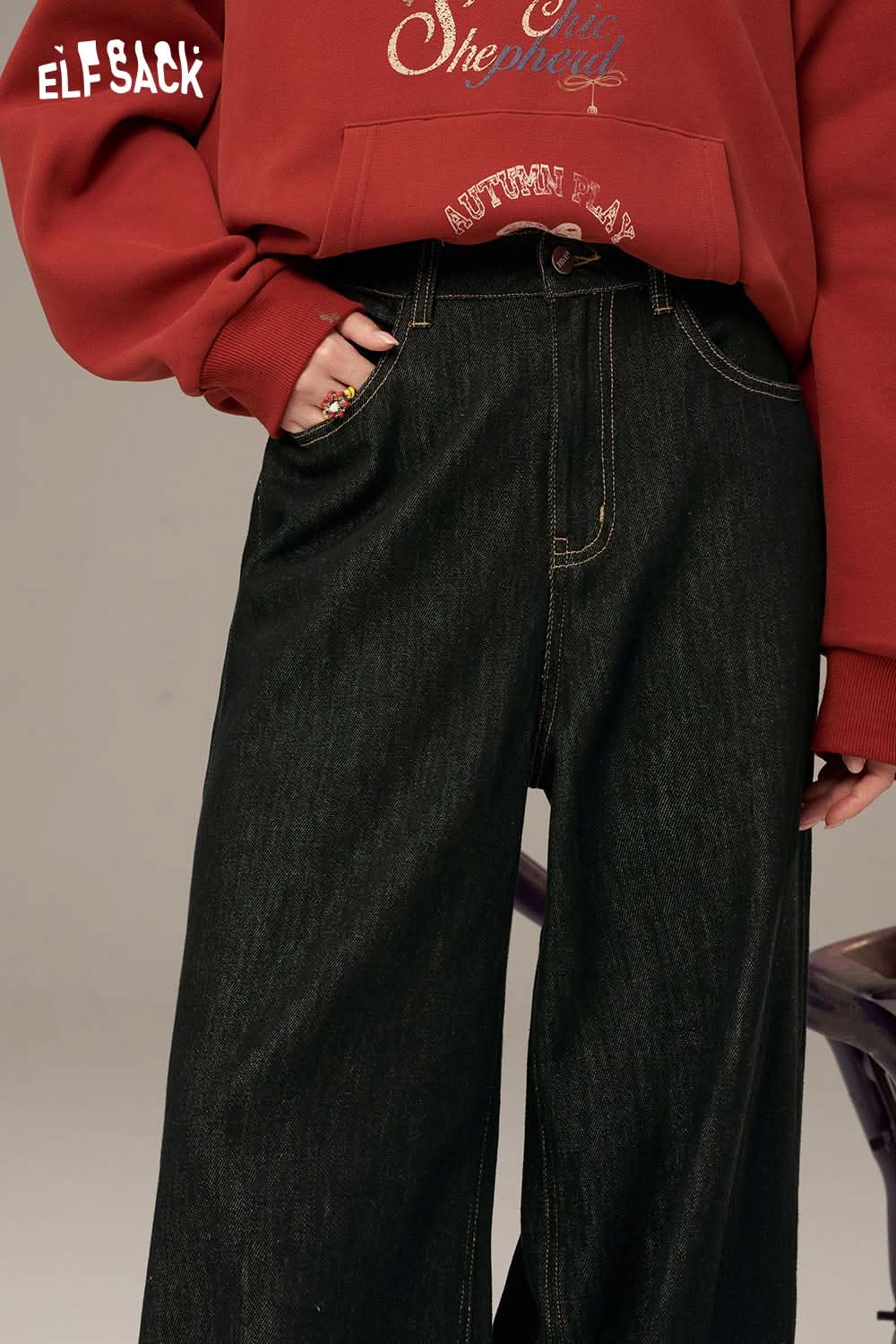 ELFSACK women's denim splicing pants with a relaxed fit and stylish high waist design