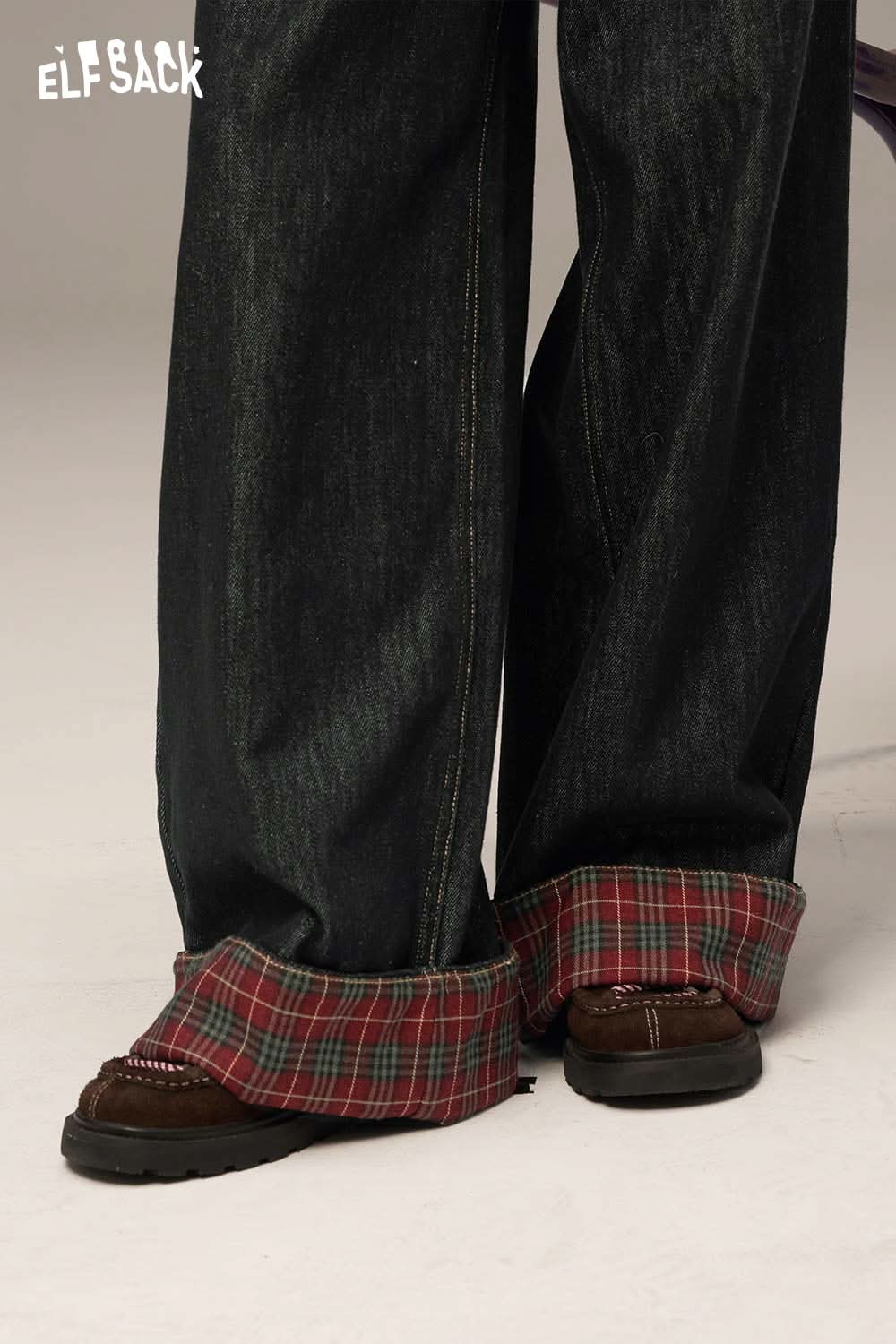 ELFSACK women's denim splicing pants featuring plaid cuffs for a stylish casual look