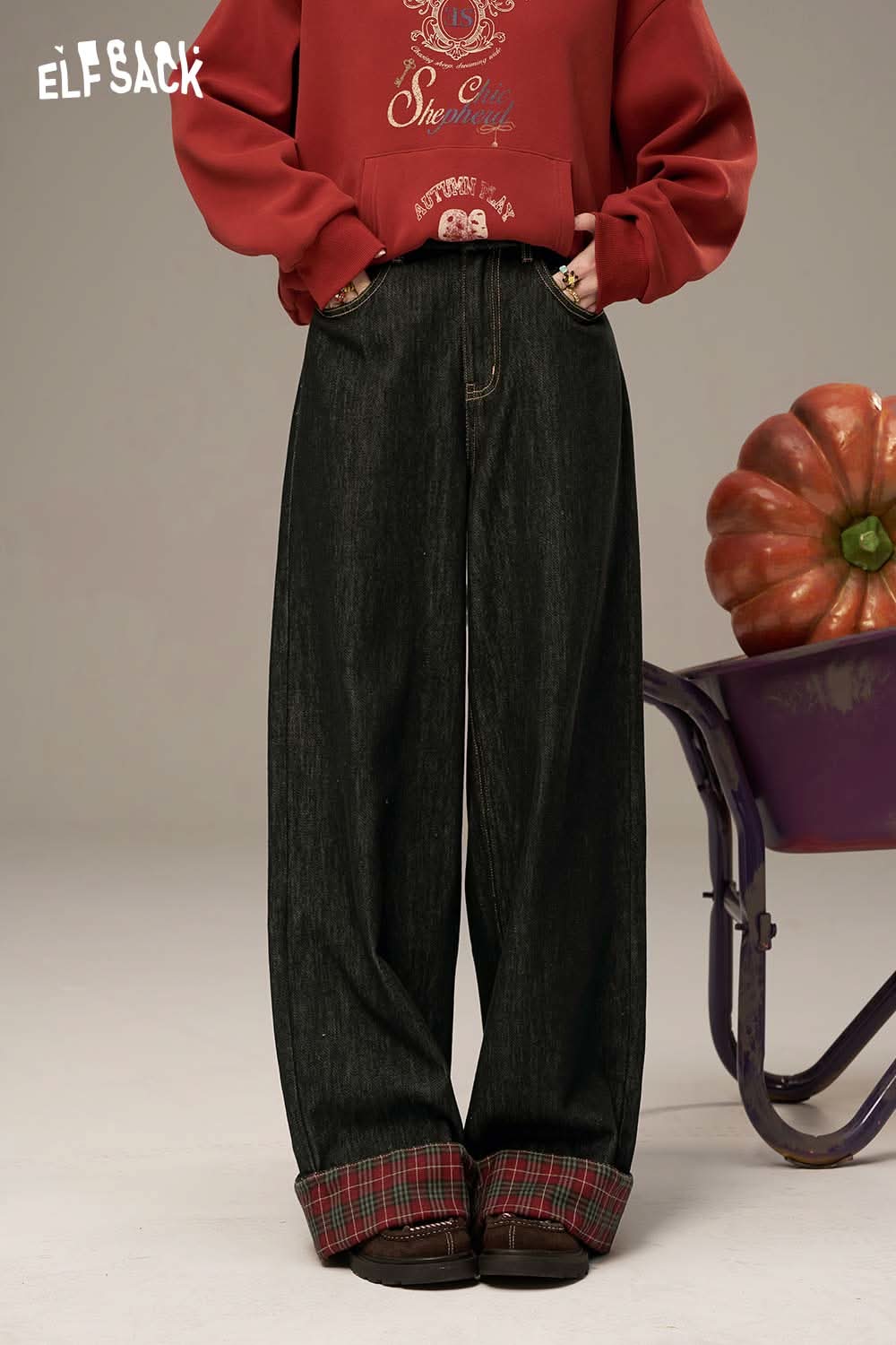 ELFSACK women's denim splicing pants with wide legs and plaid cuff detail for a trendy look