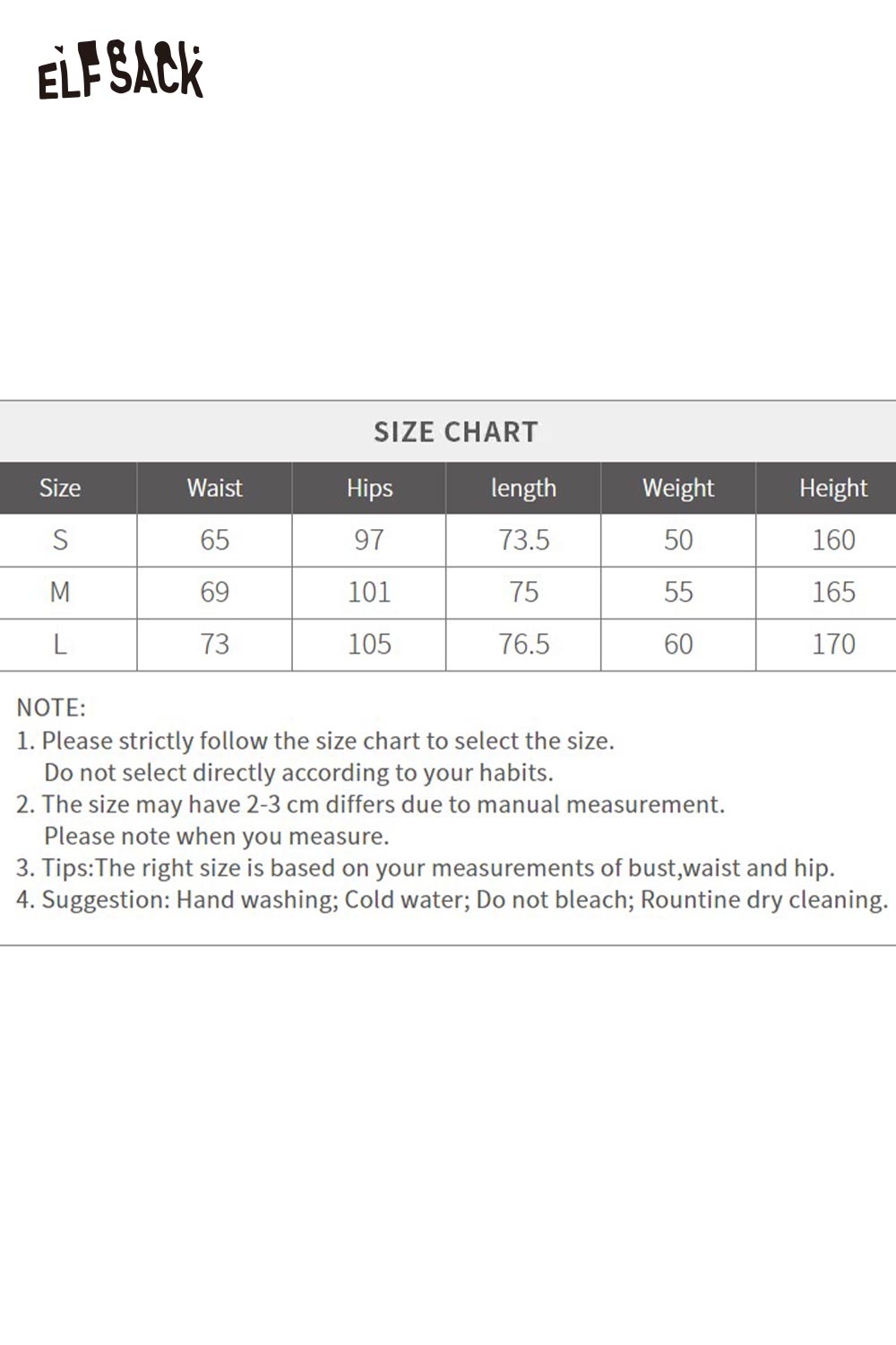 ELFSACK women's down half skirt size chart with measurements for optimal fit and style