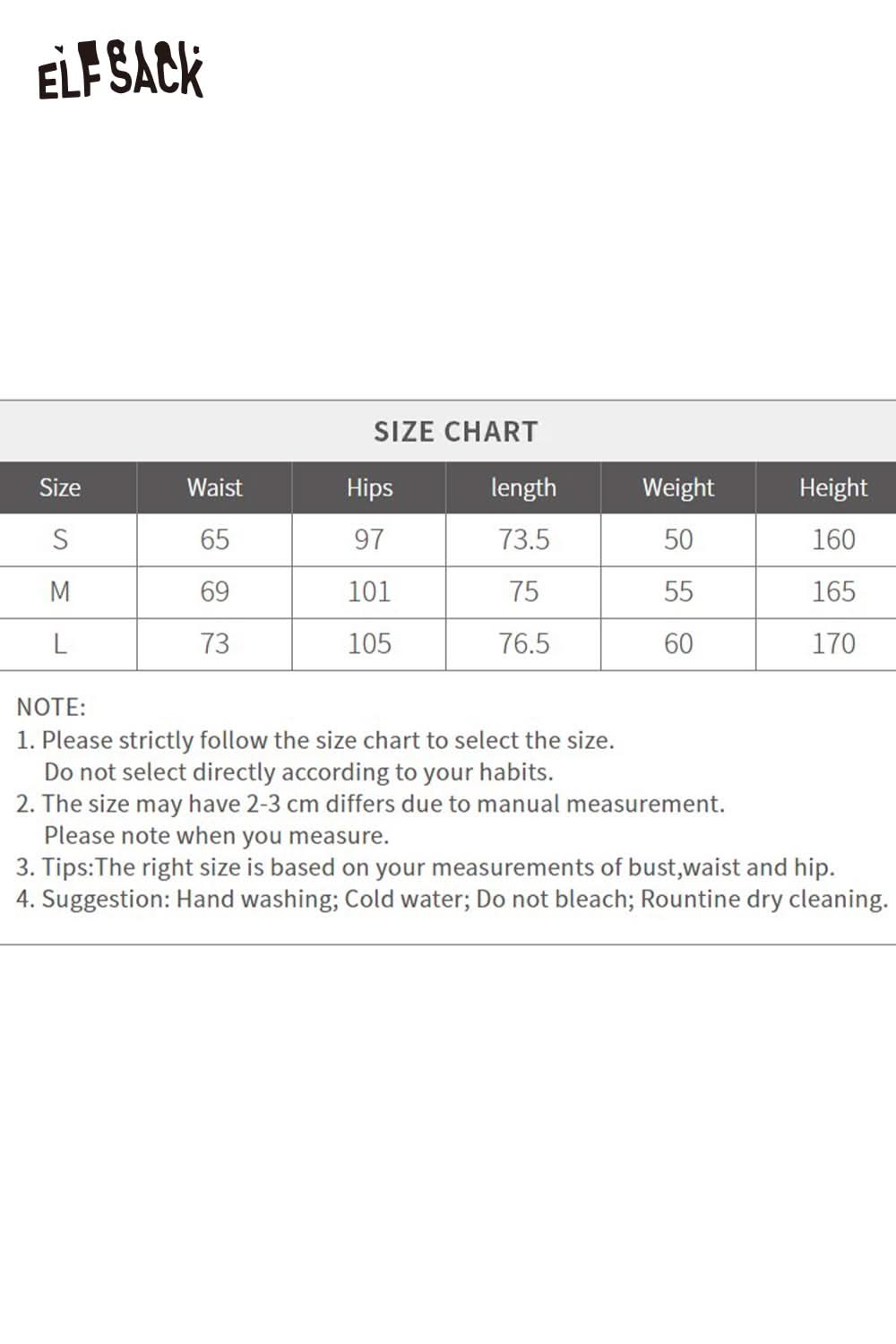 ELFSACK women's down half skirt size chart with measurements for optimal fit and style