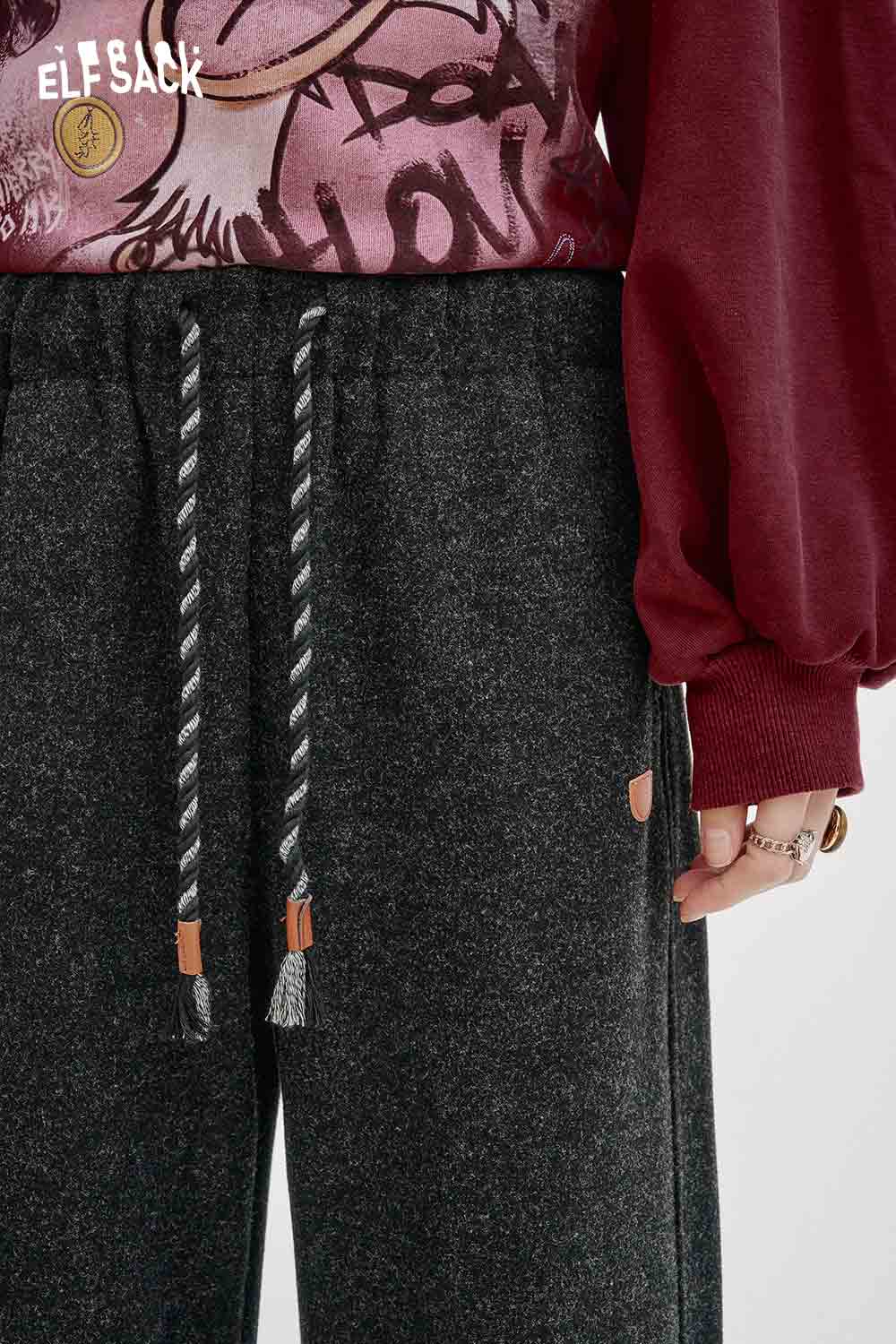 ELFSACK women's elastic drawstring pants in dark gray with stylish adjustable drawstring details