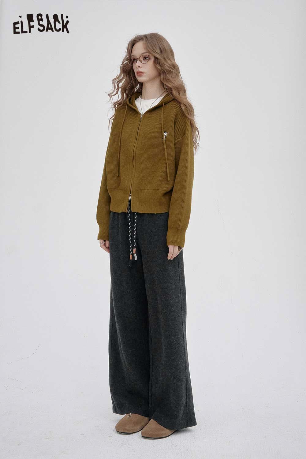 ELFSACK women's elastic drawstring pants in dark gray, paired with a cozy hooded sweater for a stylish look