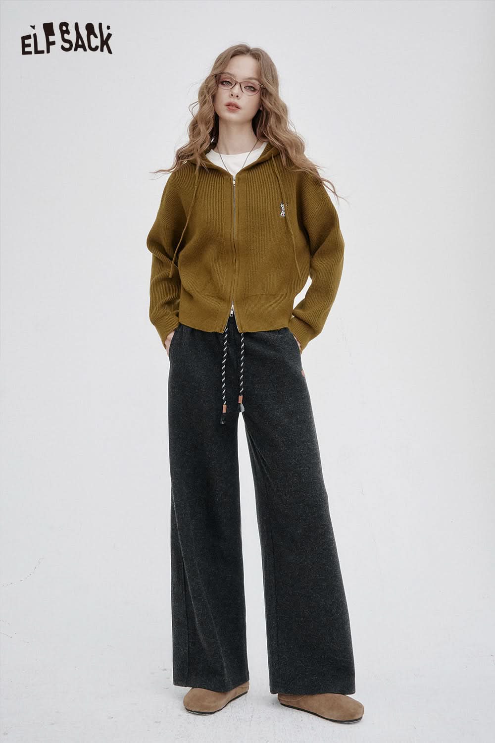 ELFSACK women's elastic drawstring pants in dark gray with a relaxed fit for casual comfort