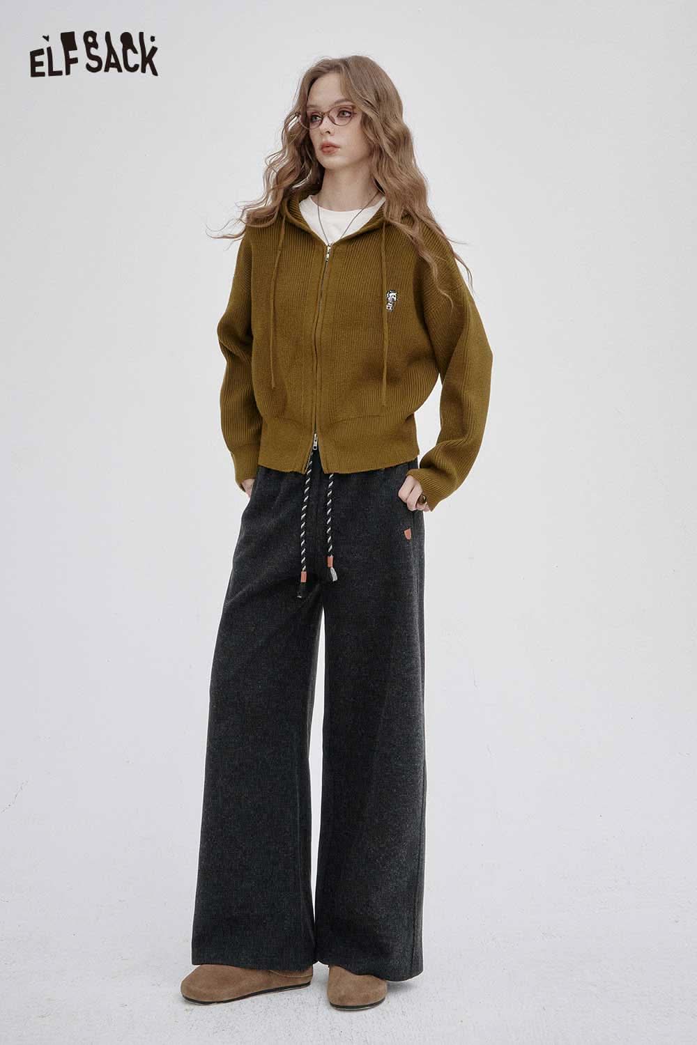 ELFSACK women's elastic drawstring pants in black with a relaxed fit and stylish design