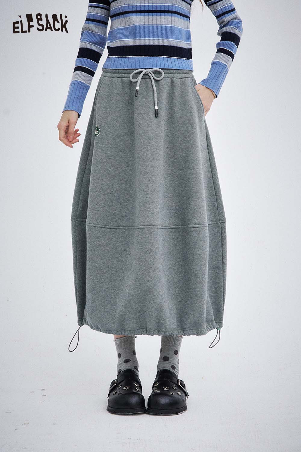ELFSACK women's elastic drawstring skirt in gray with a casual style and adjustable hem