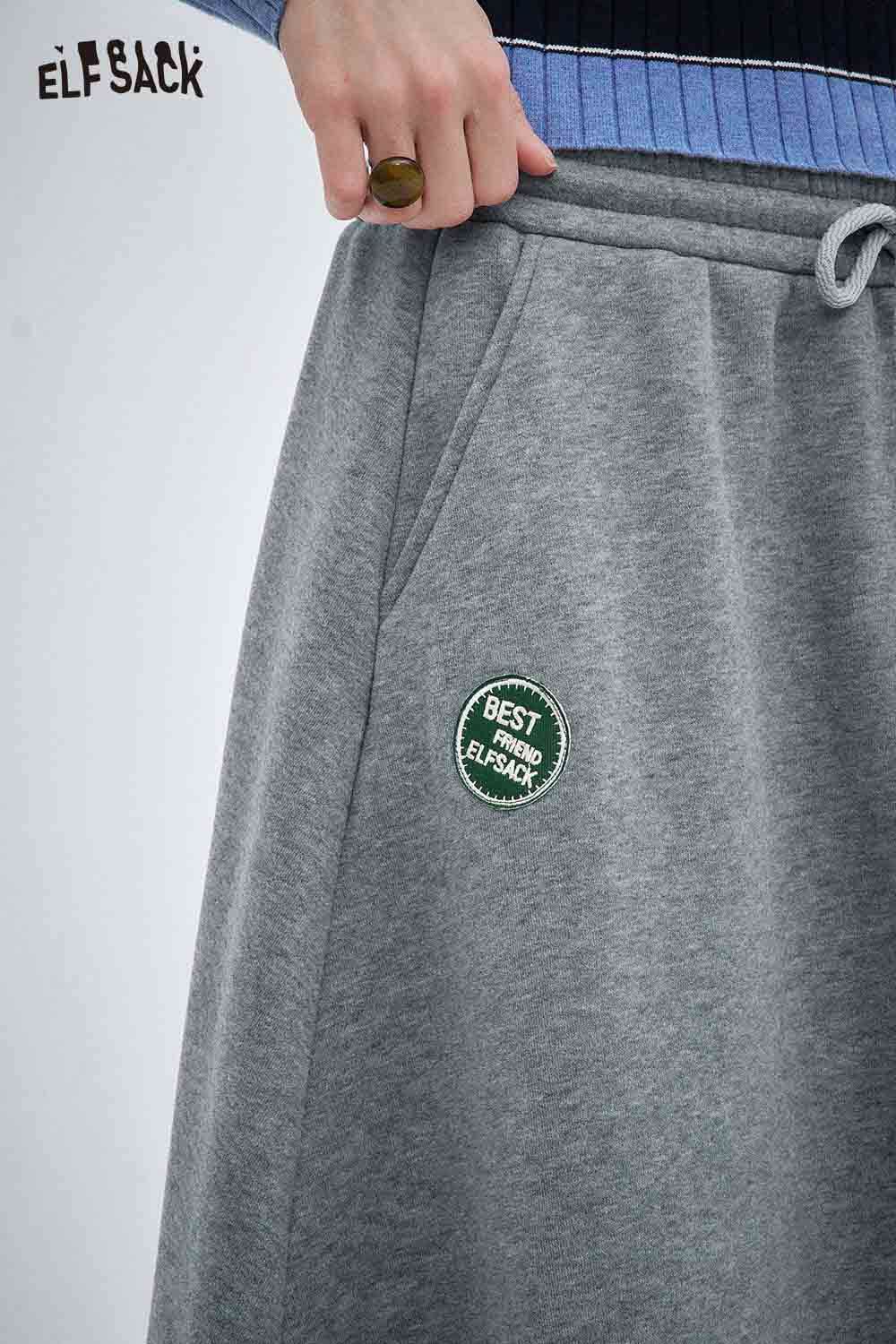 ELFSACK women's elastic drawstring skirt in gray with pockets and stylish patch detail