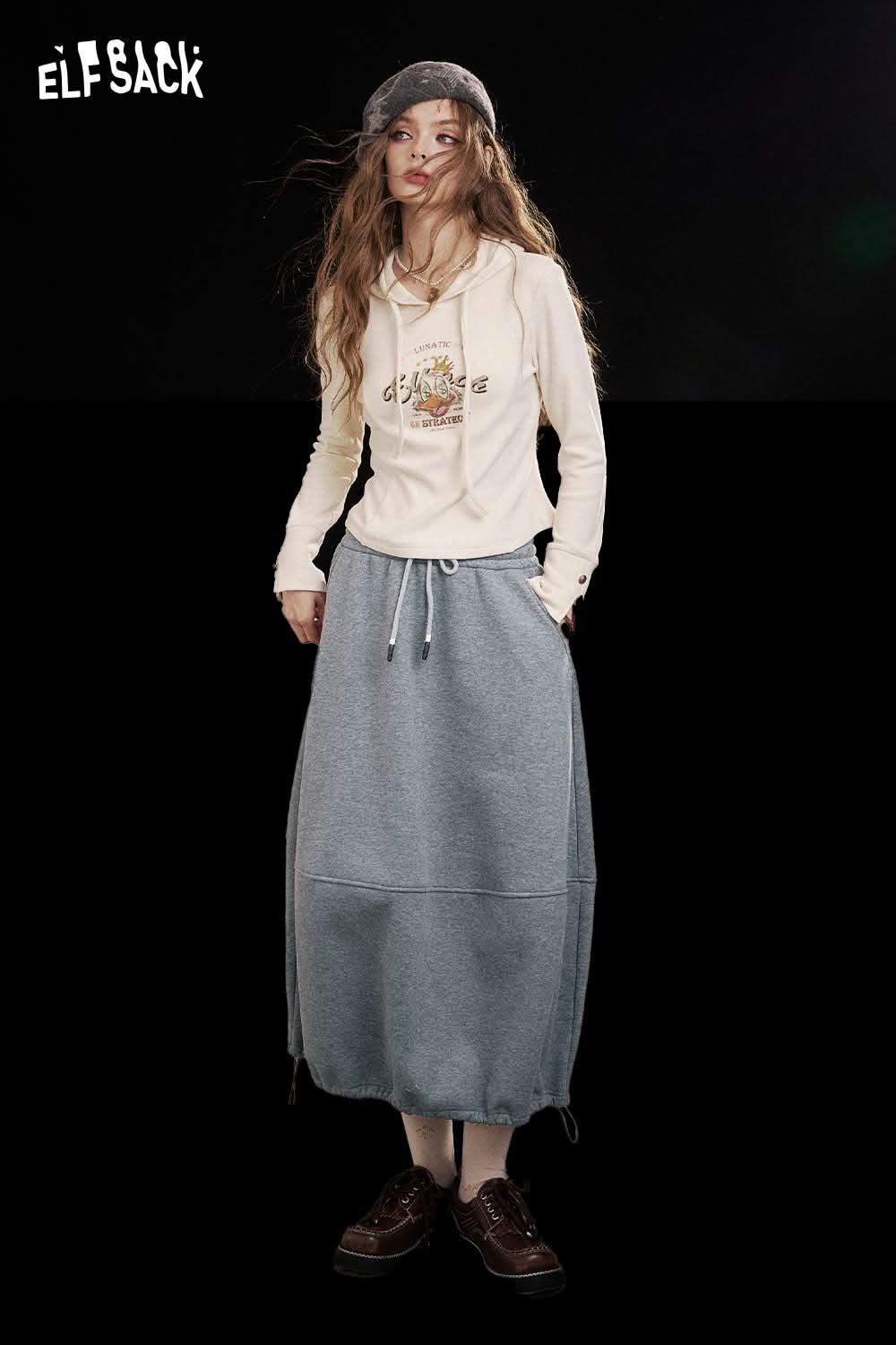 ELFSACK women's elastic drawstring skirt in grey with a comfortable fit and stylish design