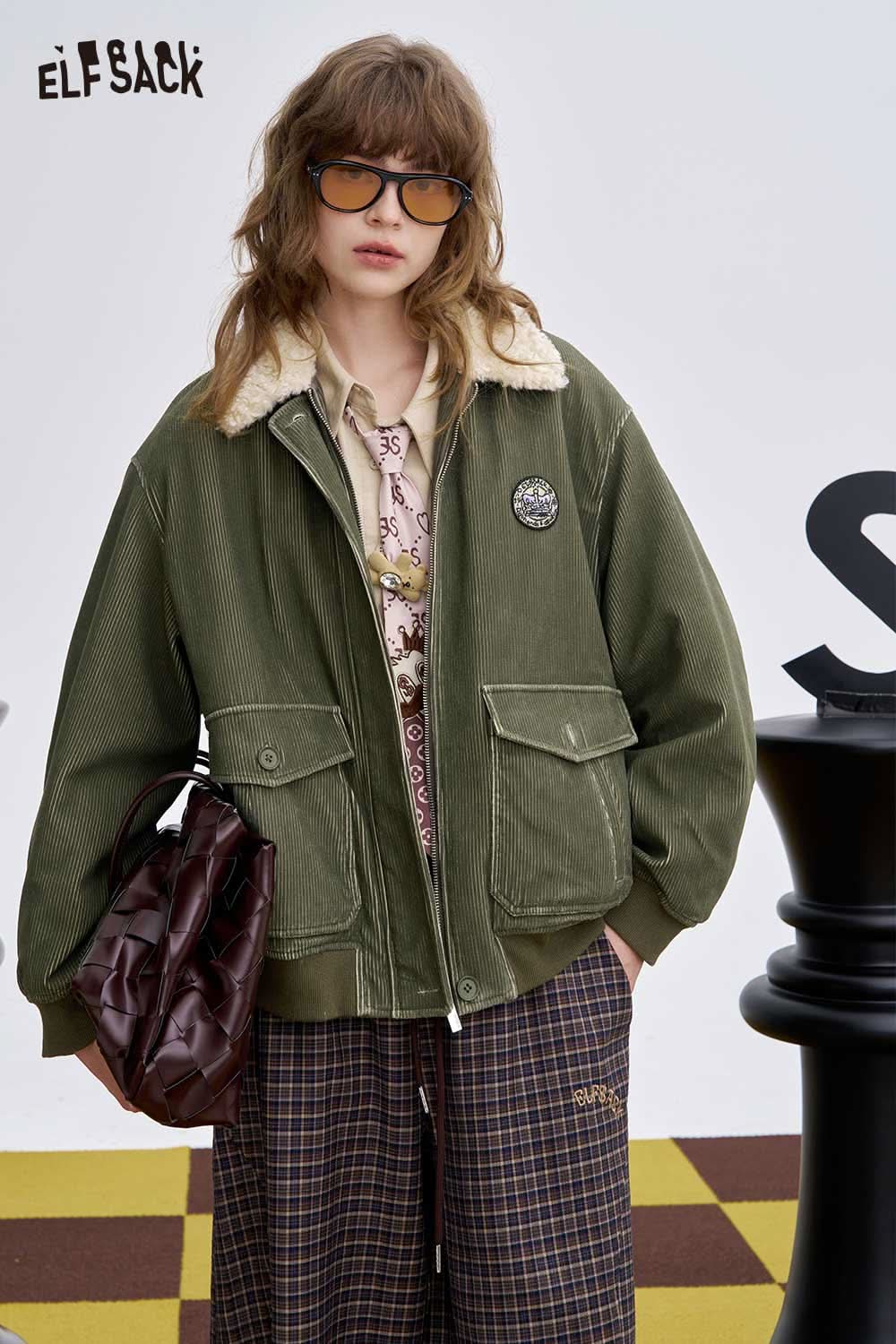 ELFSACK women's embroidered lapel cotton coat in olive green with a stylish design and side pockets