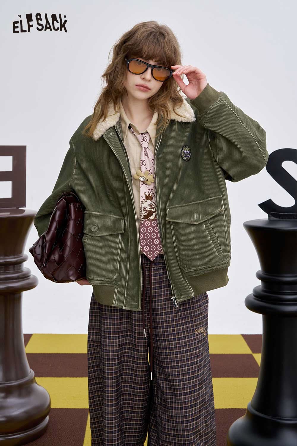 Women's embroidered lapel cotton coat by ELFSACK in olive green with two front pockets